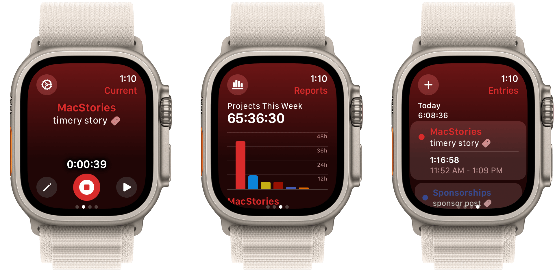 Timery's current timer, reports and time entries on watchOS 10.