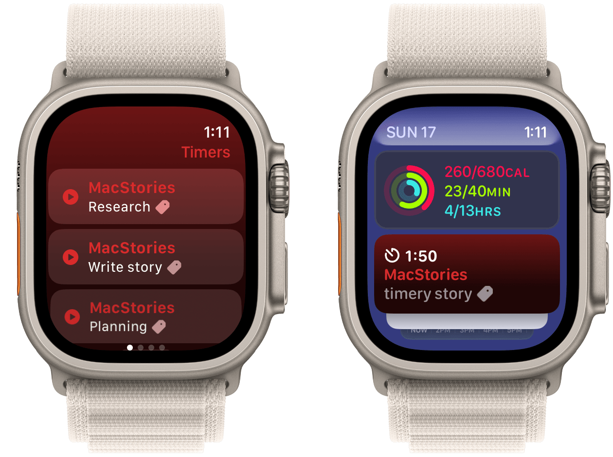 Timery saved timers and the watchOS 10 Smart Stack widget.