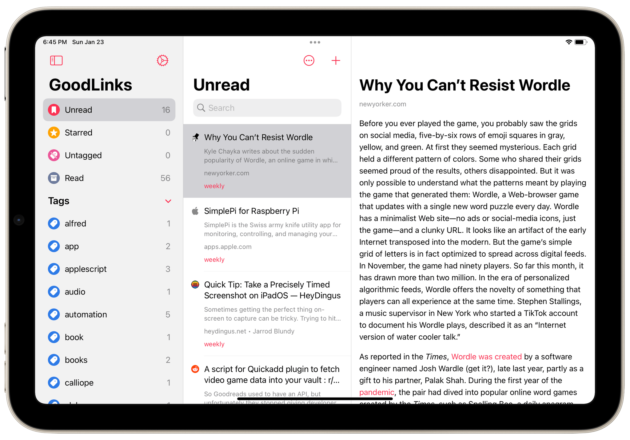 GoodLinks' three-pane view makes it an excellent app for reading, or skimming, which is what I do as I process links.