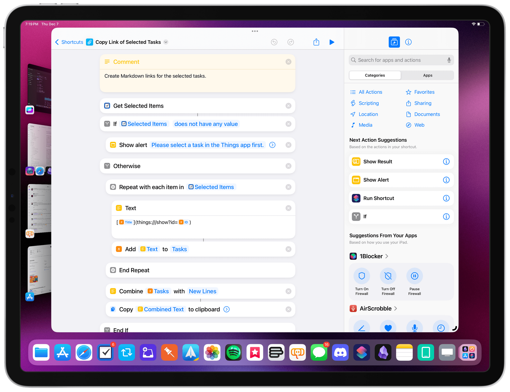 Things' Shortcuts action for selected tasks.