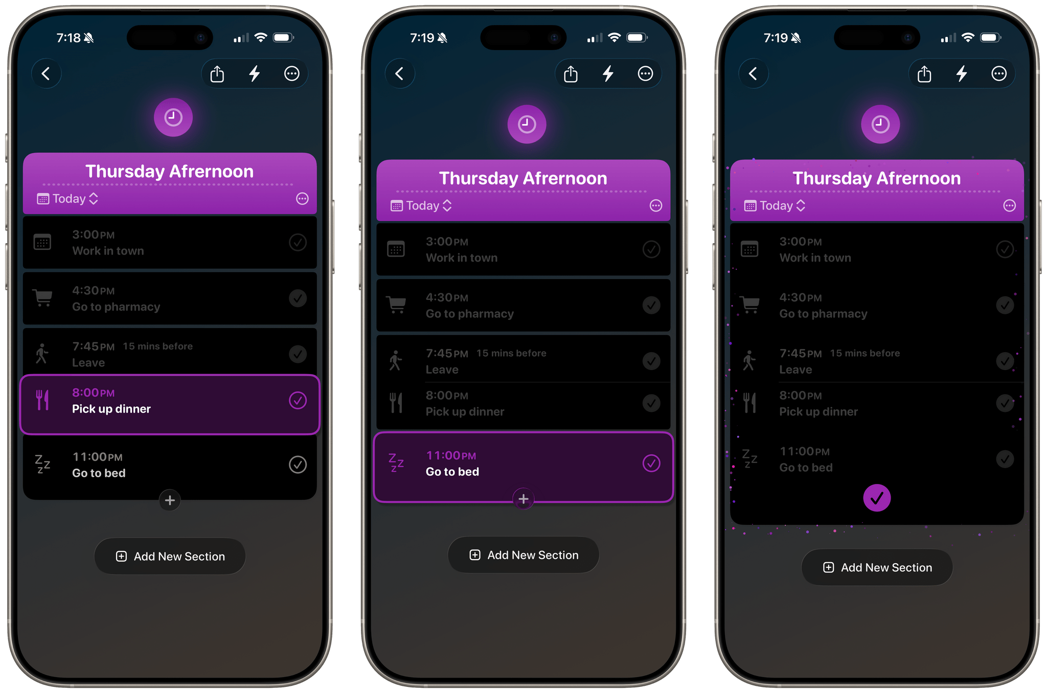 The current event is highlighted and each event can be checked off as you complete them.