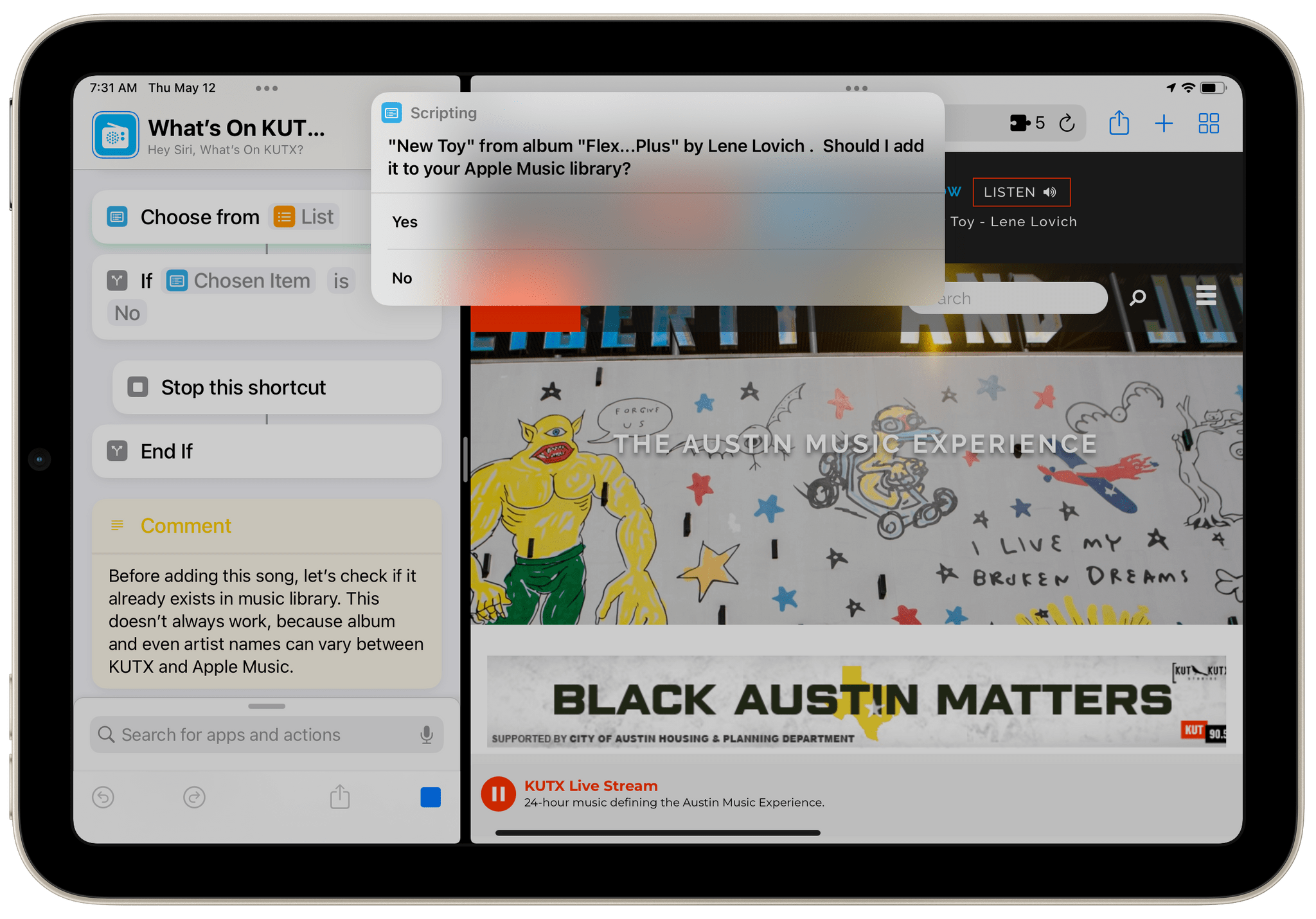 Running What’s on KUTX? in Split View while streaming from the KUTX website.