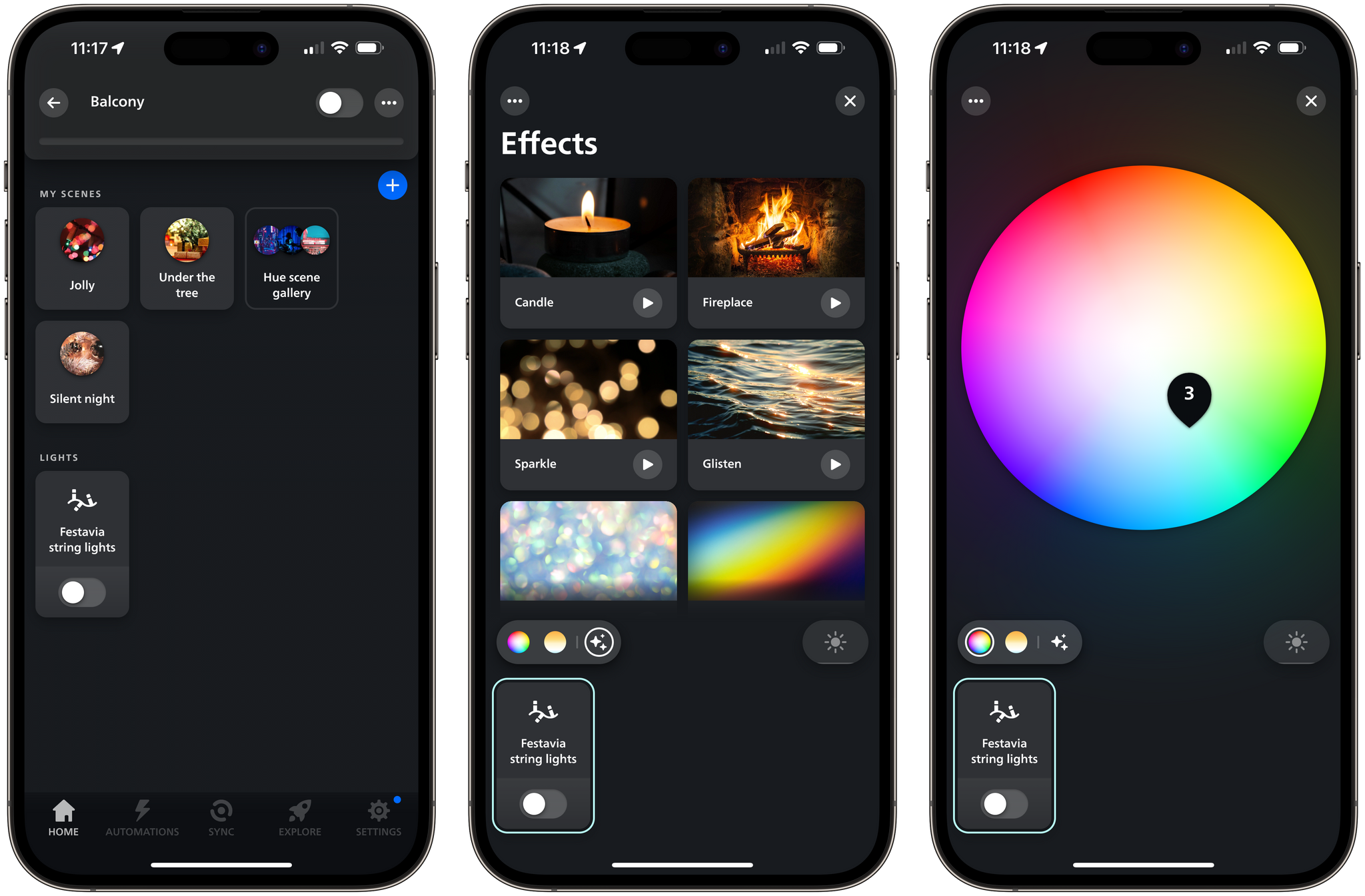 Setting up scenes and effects in the Philips Hue app.