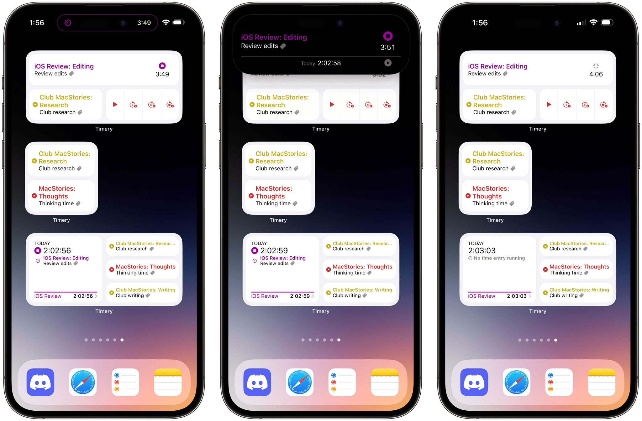 The new Timery widgets let you start a timer (left), which will automatically start a Live Activity too (center). The interactive stop button (right) allows you to stop a currently running timer.