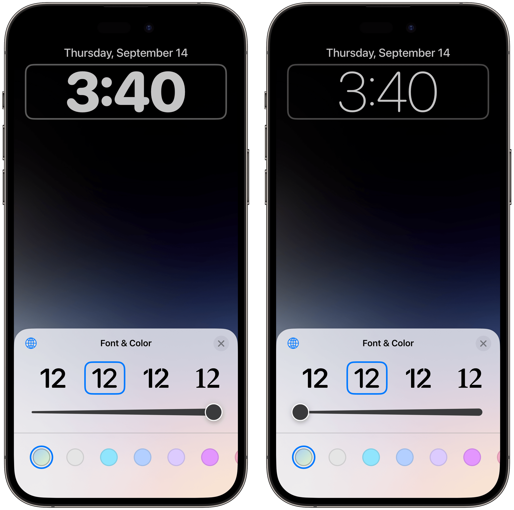 Customizing the clock's font weight. The font picker is scrollable.