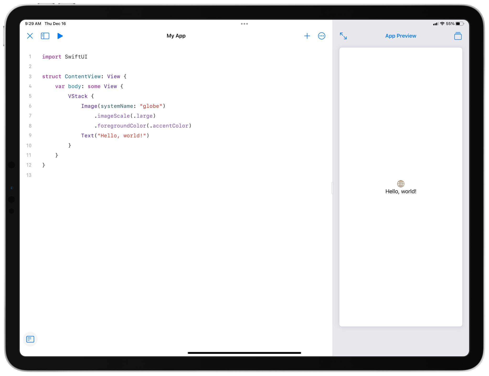Creating my first Swift Playgrounds project.