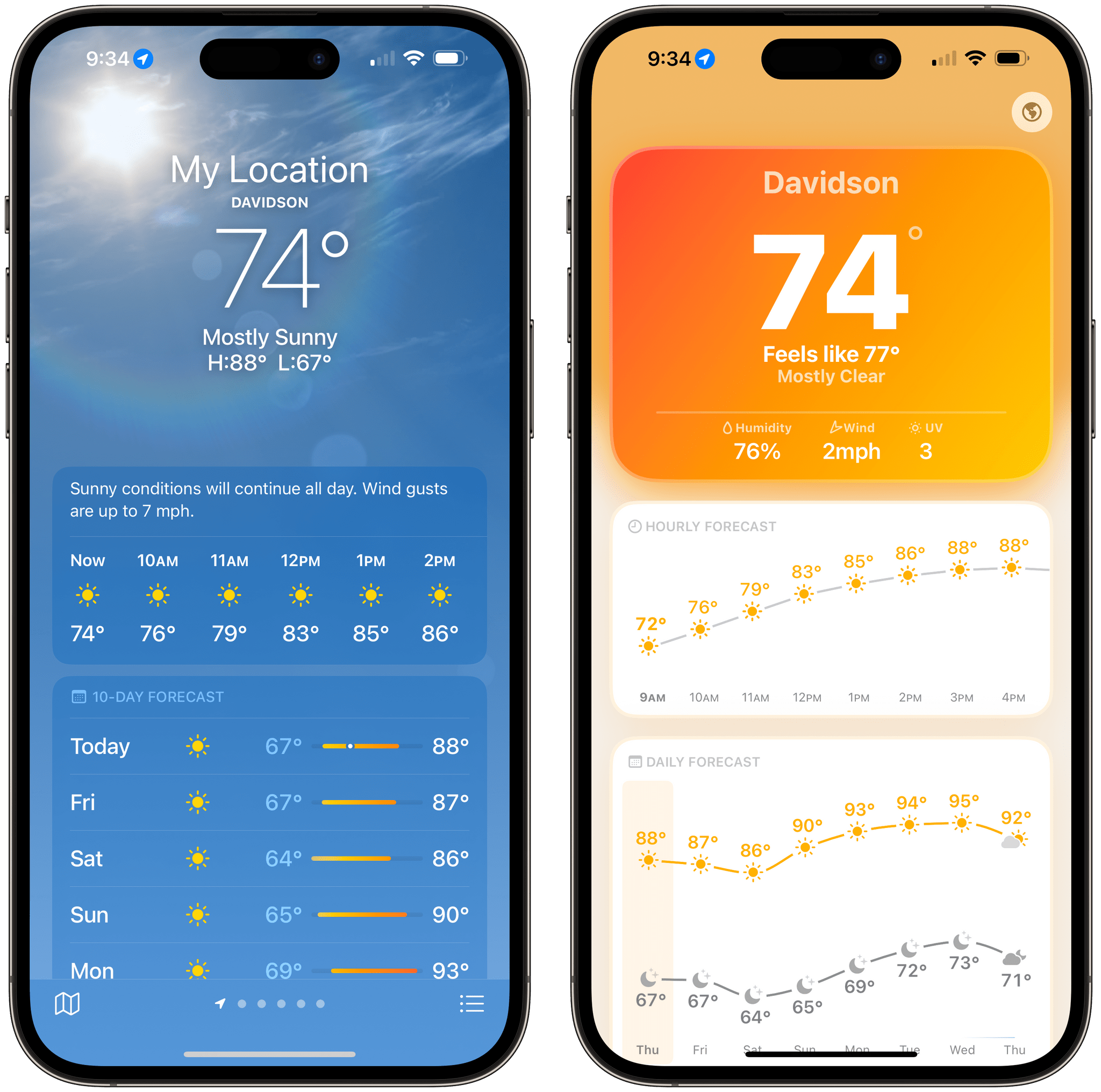 Apple's Weather app (left) versus Mercury Weather (right).