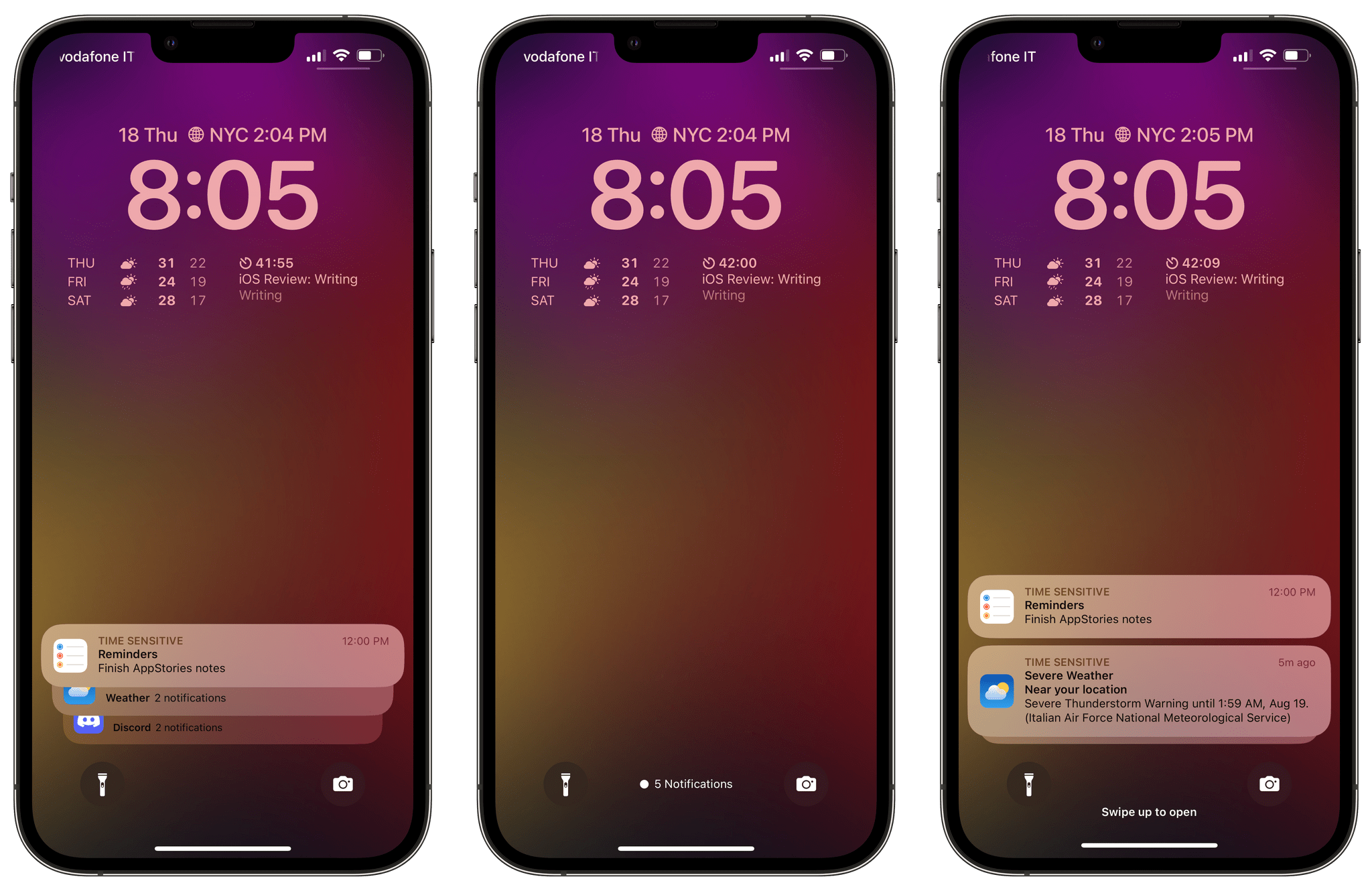 From left to right: the brand new stack mode (left), the also-new count, and the classic list display mode for notifications.