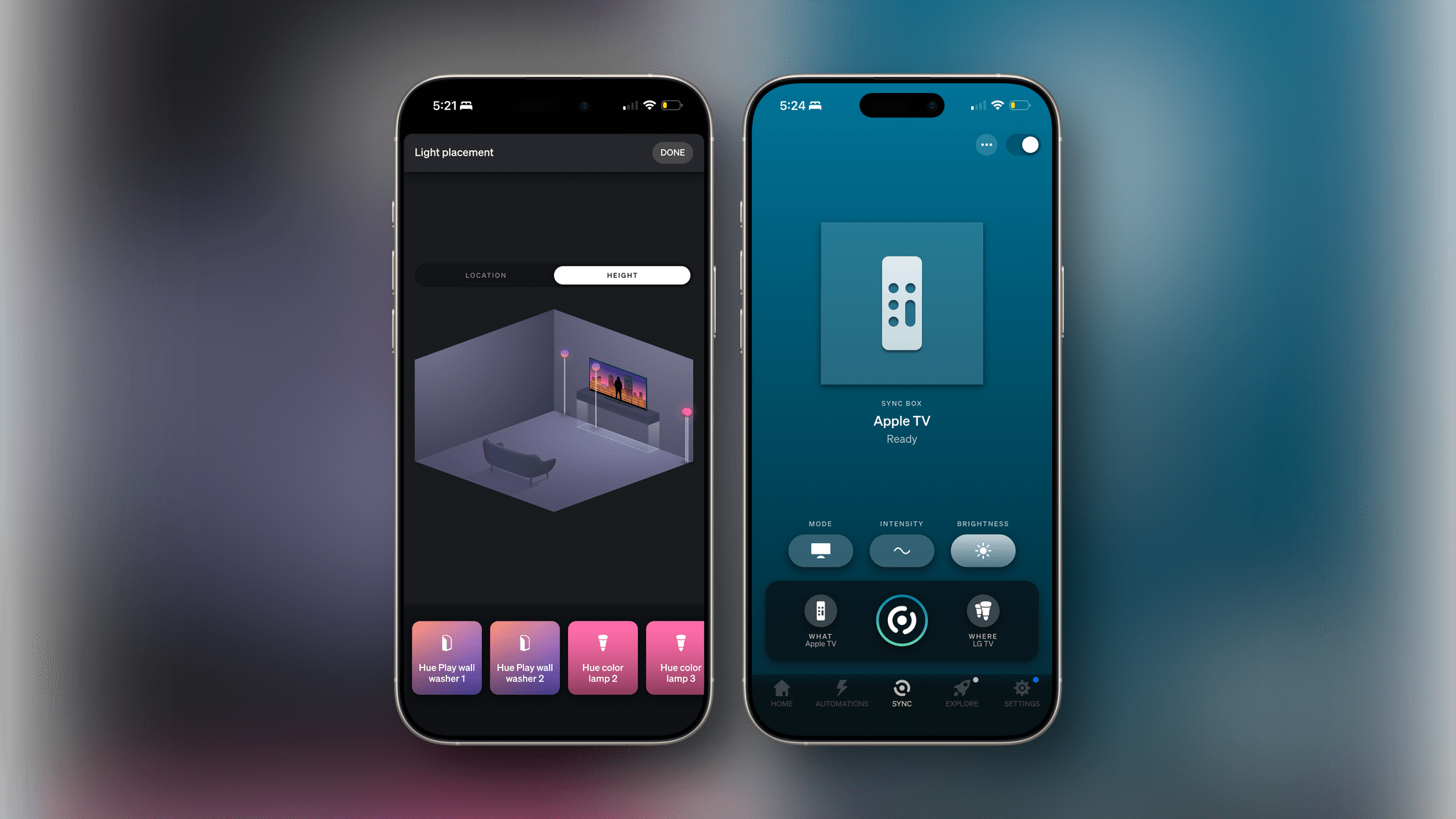 Setting up a scene and syncing from the Hue app.