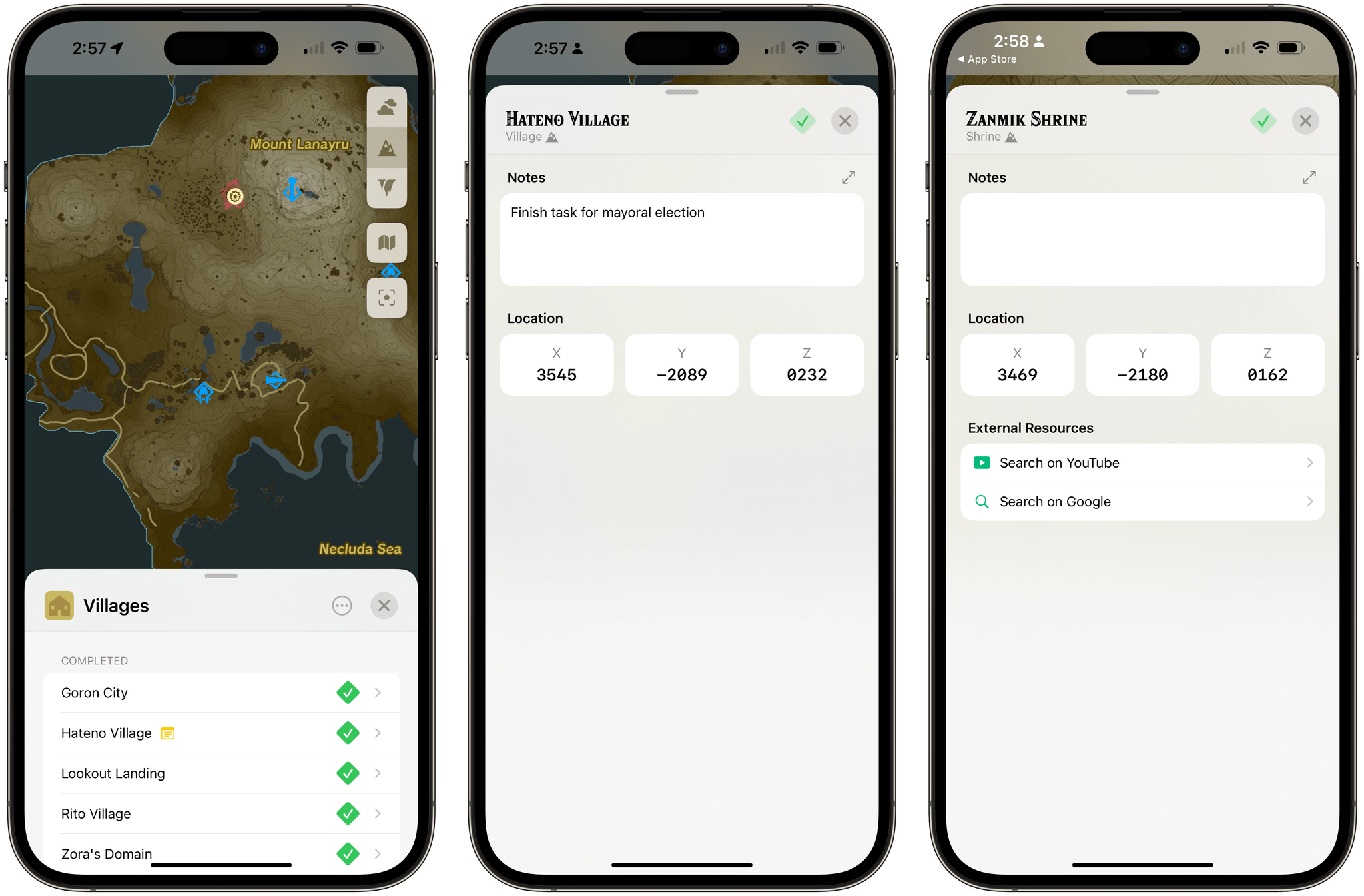 Location pages include coordinates, a notes field, and useful links to solve shrines.
