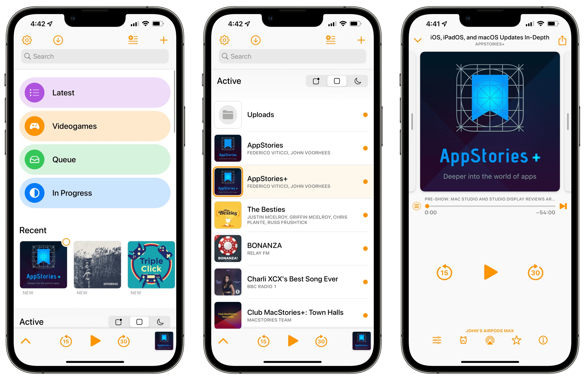 Overcast's main screen is divided into three sections: Playlists, Recent, and a Unplayed/Active/Inactive list.