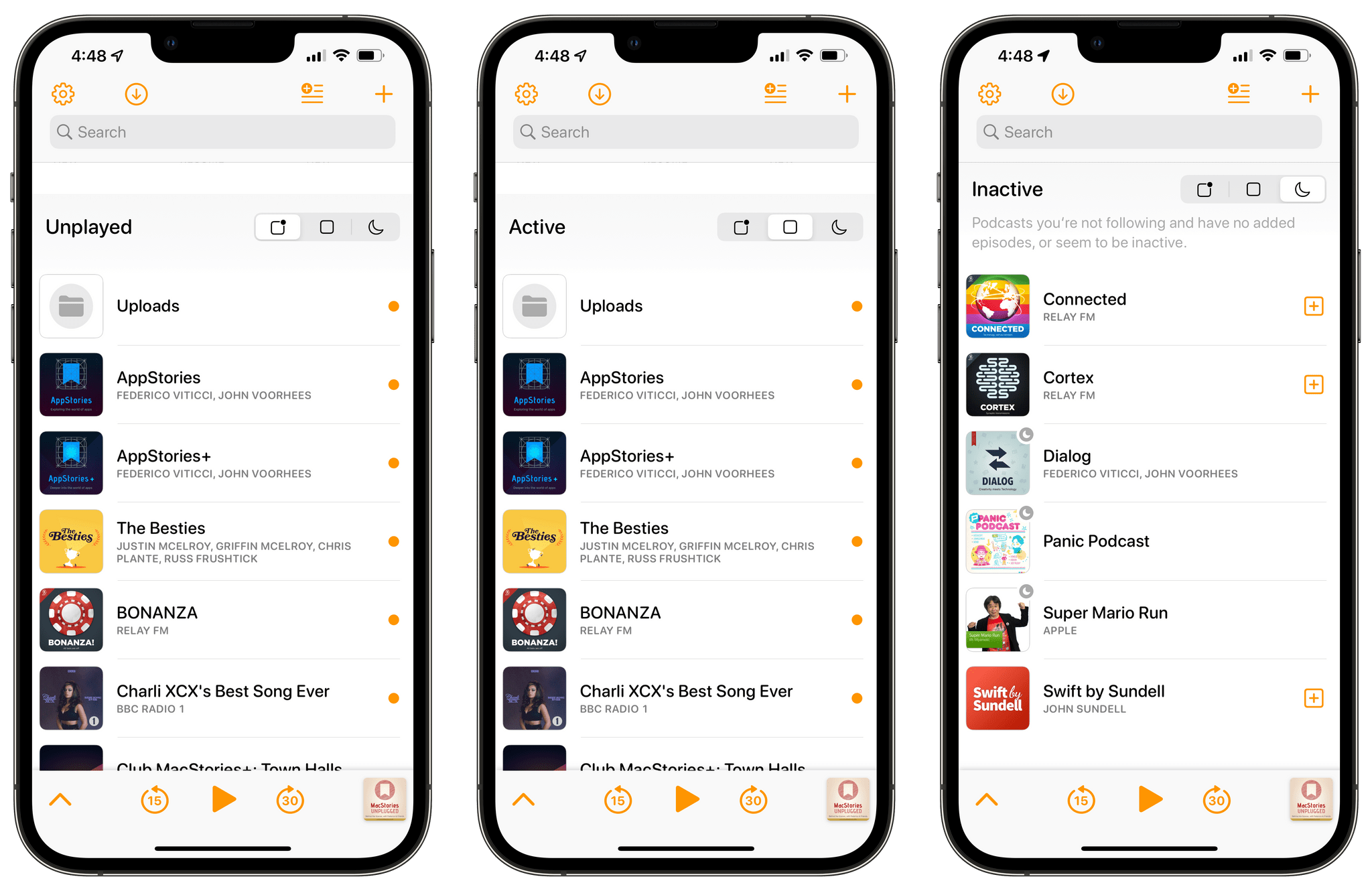 Overcast's Unplayed, Active, and Inactive lists.