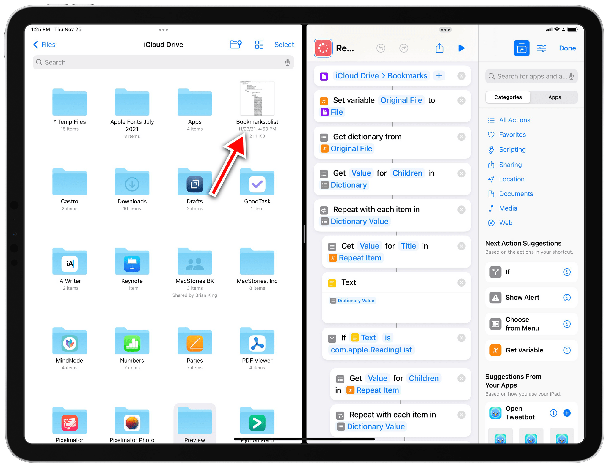 If you want to run this shortcut on iOS or iPadOS, you'll have to manually copy the Bookmarks.plist file to iCloud Drive first.