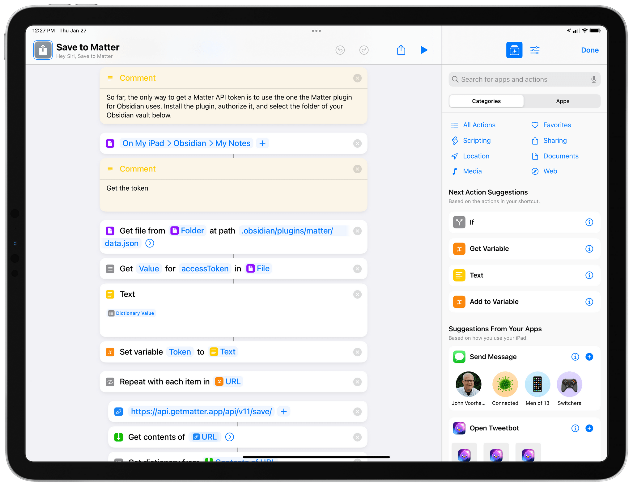 In iOS/iPadOS 15.3, Shortcuts can read files from hidden folders, like the one where Obsidian stores plugin data.