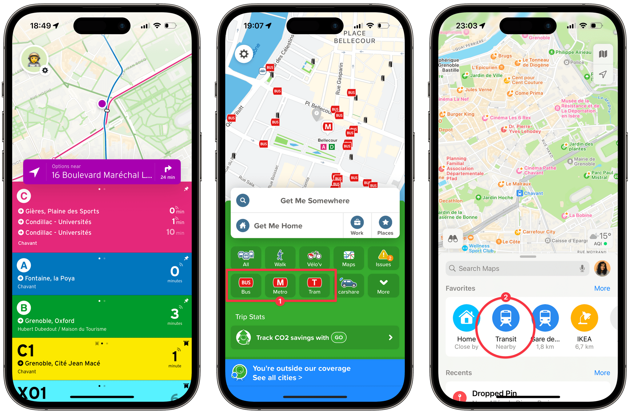 When you open Transit, you immediately get a view of nearby lines with their real-time waiting times. In Citymapper, this information is only available after you select one of the main 'Bus,' 'Metro,' or Tram' buttons (1). In Apple Maps, it's hidden behind a 'Transit Nearby' button (2).