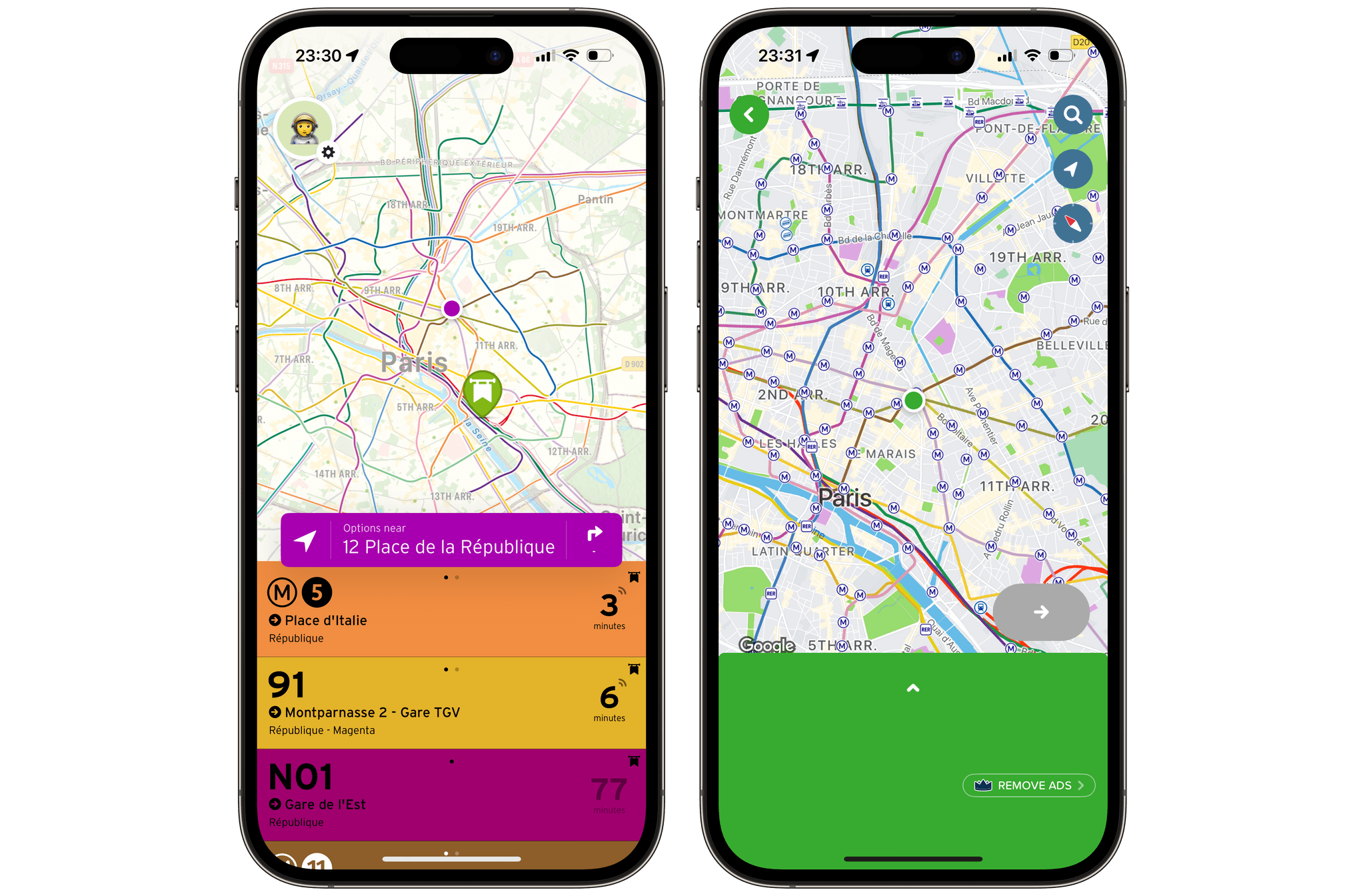 Zooming out on the map view in Transit (left), versus in Citymapper (right).