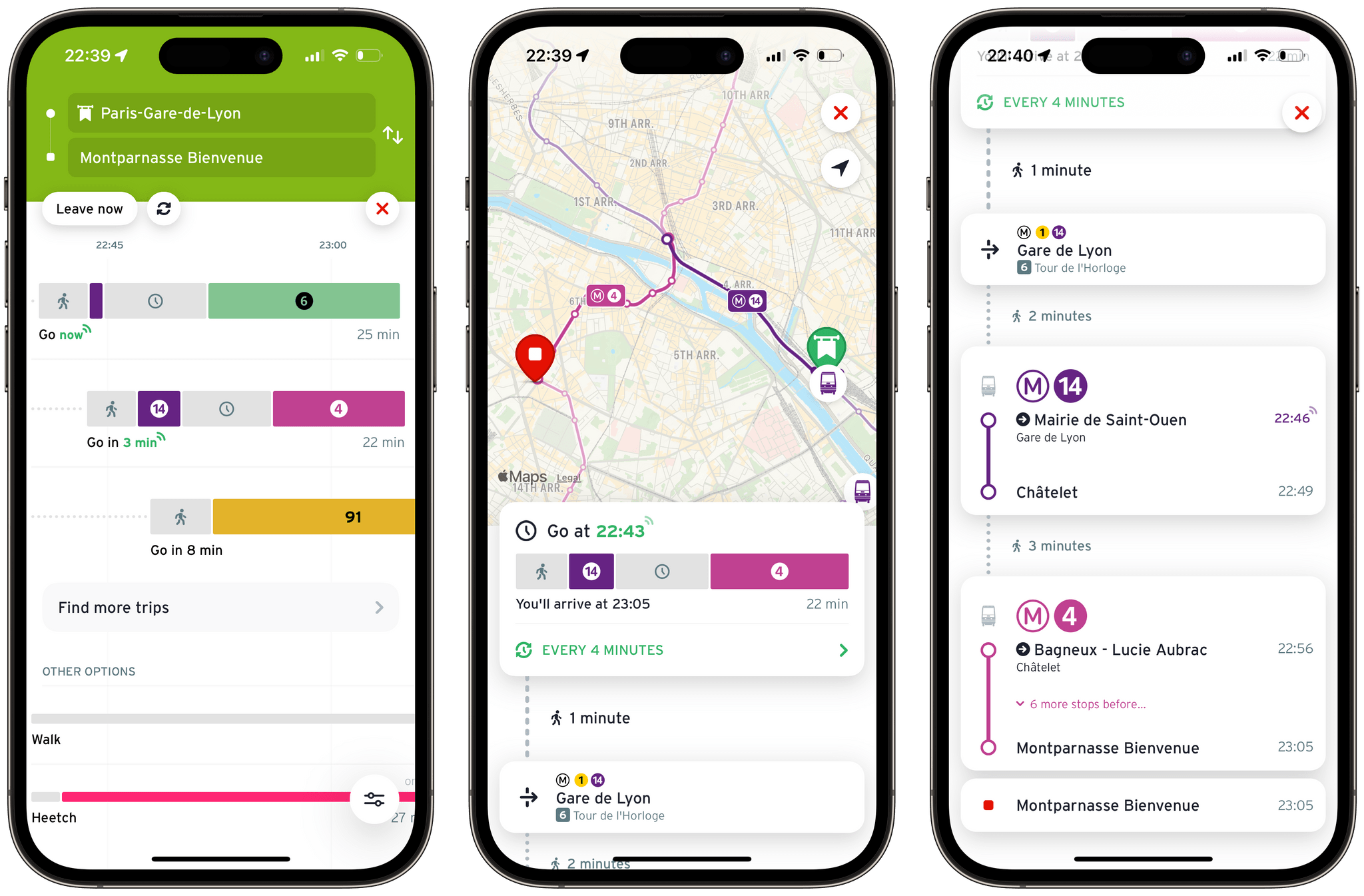 Searching for itineraries between Gare de Lyon and Montparnasse in Paris. Transit lets you compare its suggestions on a timeline (left). You can tap on any suggestions to preview it on the map (middle), and read a detailed breakdown of the itinerary (right). 