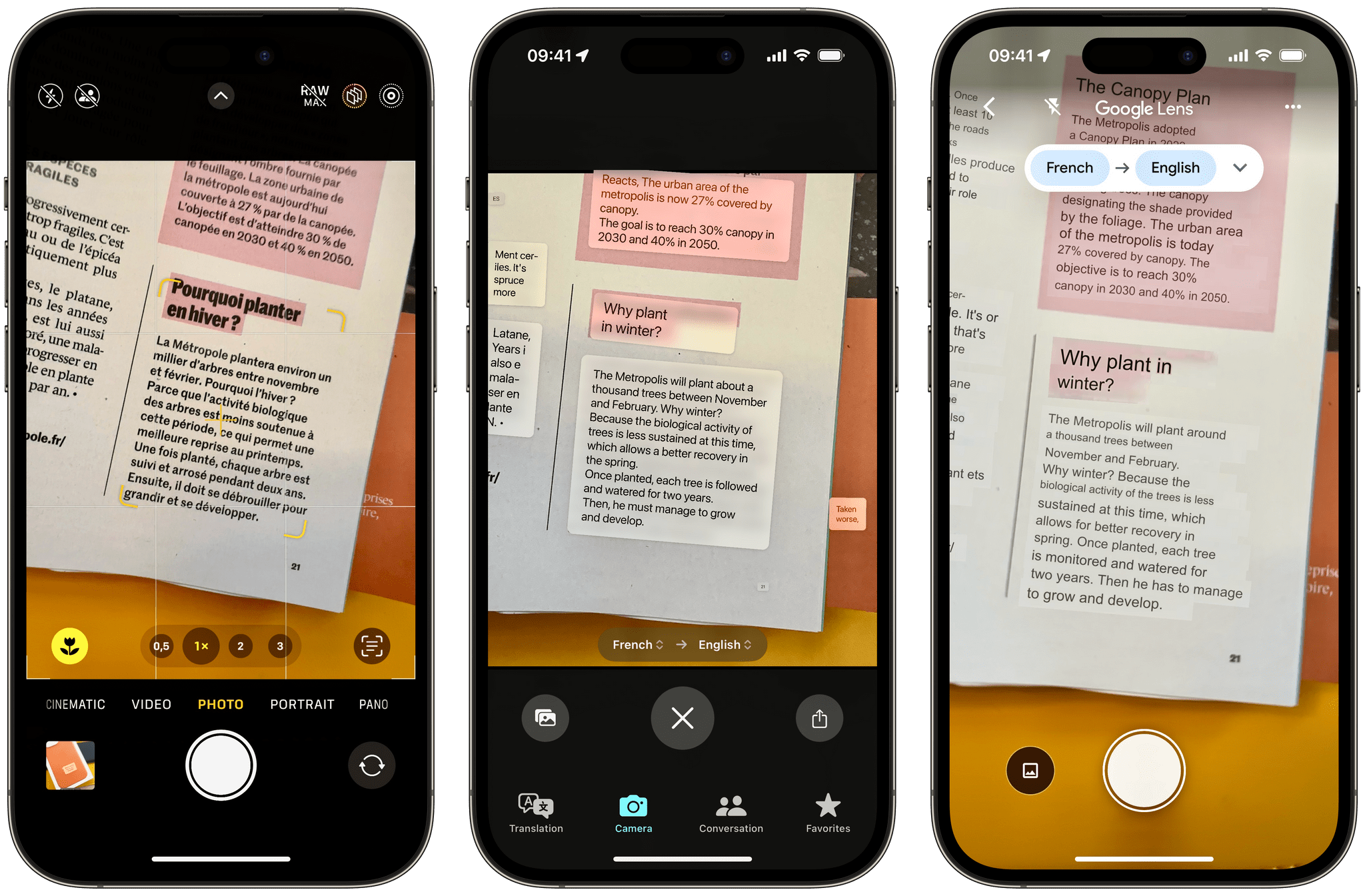 Translating a column from a French magazine. Left is the original text viewed from the iPhone Camera. Center is the translated text in Apple's Translate app. Right is the translated text in Google Translate.