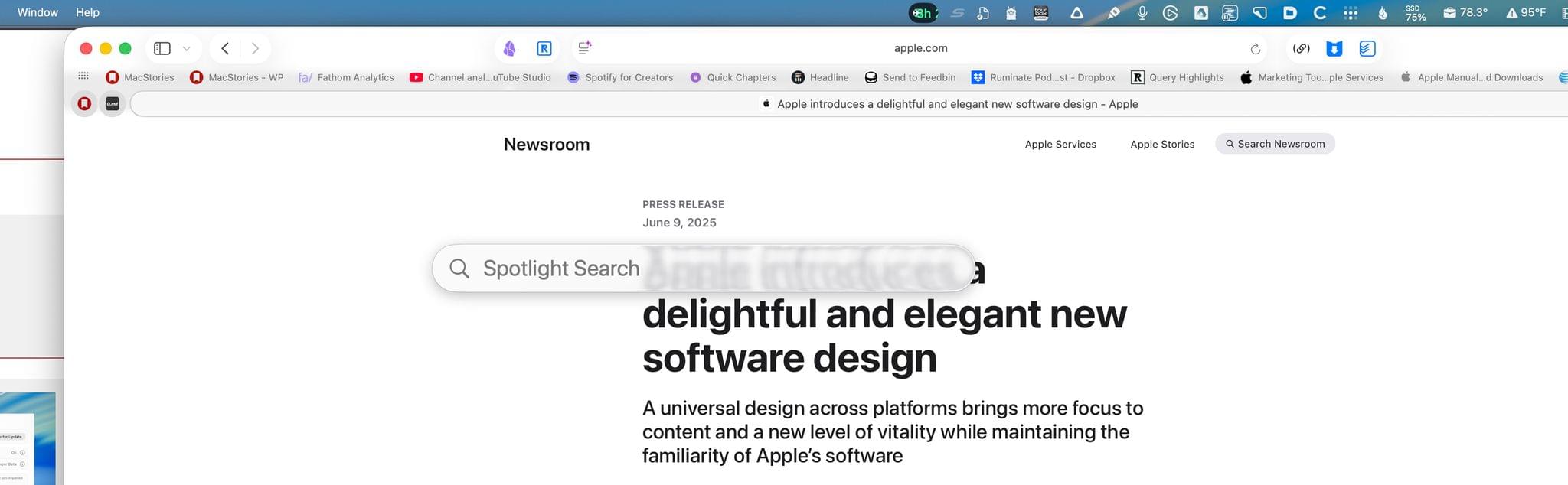 The translucence of Liquid Glass can be distracting when dark text is layered behind something like the Spotlight search bar.