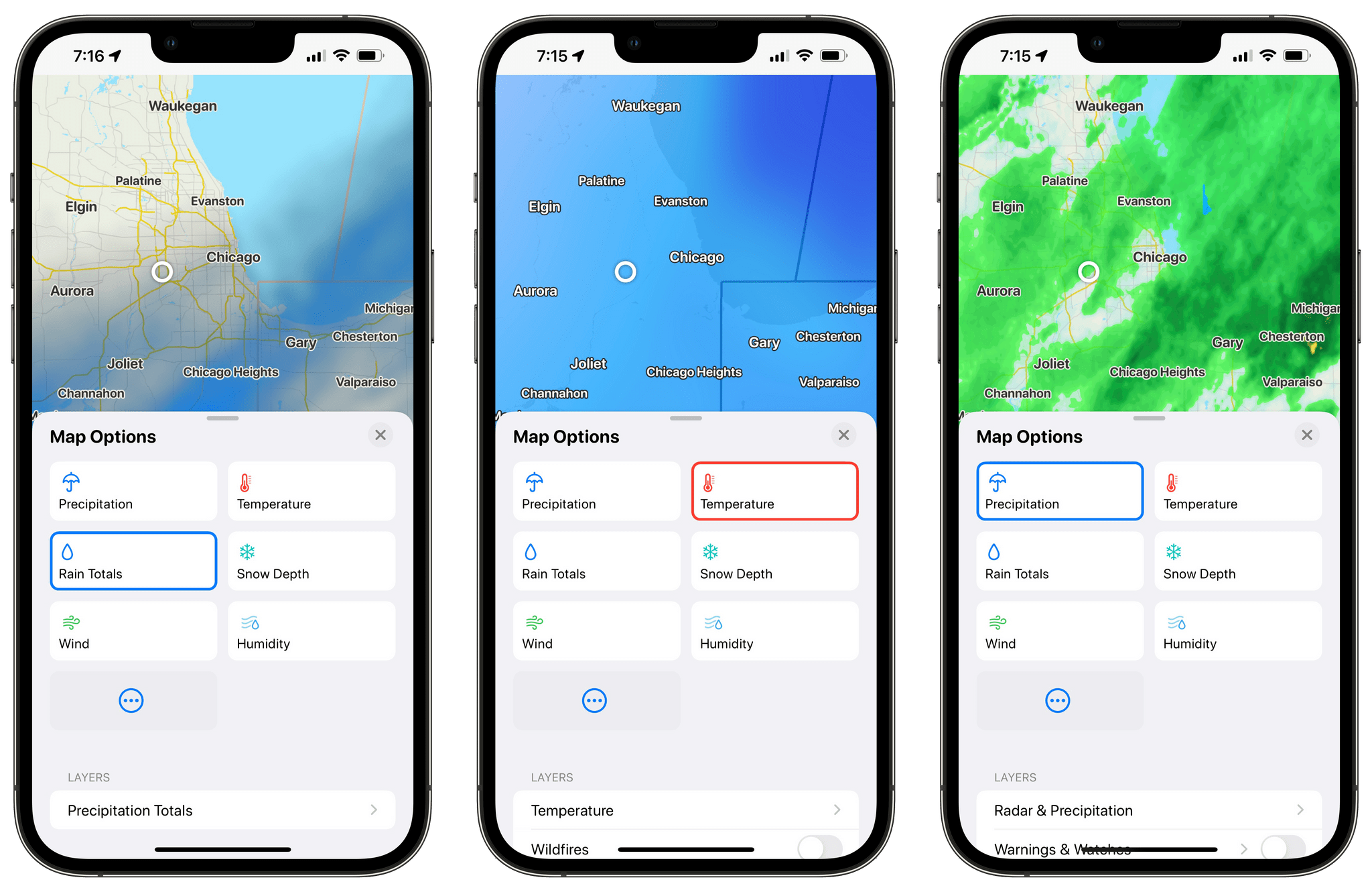 A few of CARROT Weather's many map options.
