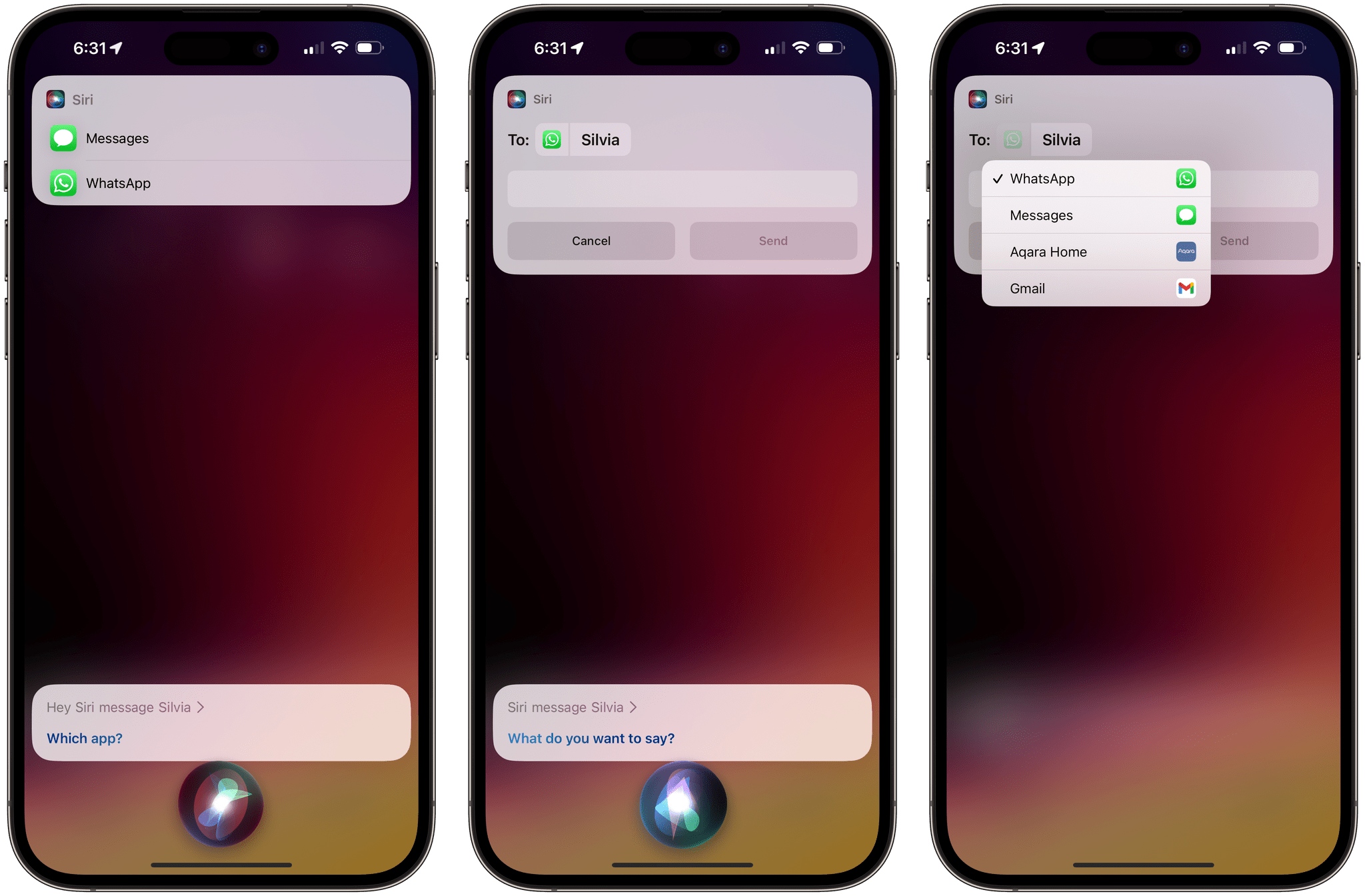 Selecting a different messaging app for a contact via Siri. I was also prompted to pick an app for regular phone calls, but not as frequently as for messaging requests.