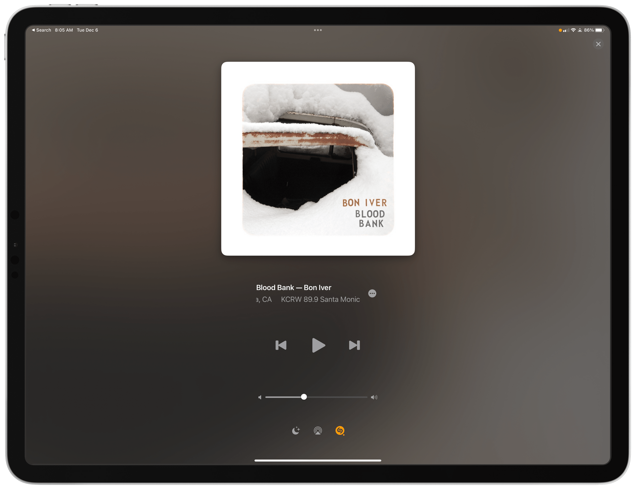 Using the iPad Pro and Broadcasts' Shazam integration to monitor a station playing on my Mac in the app's miniplayer.