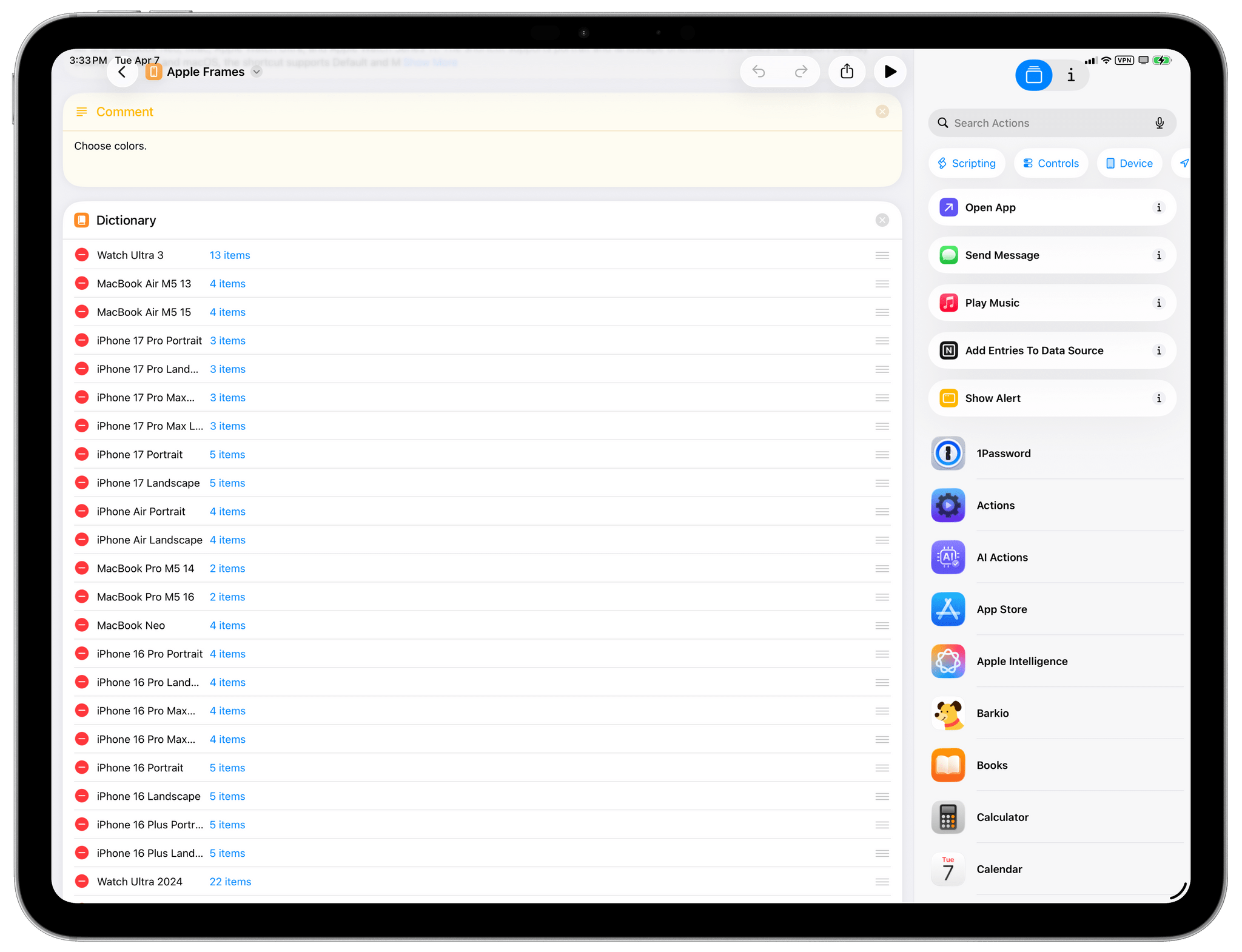 The action that contains the list of colors for each supported device.