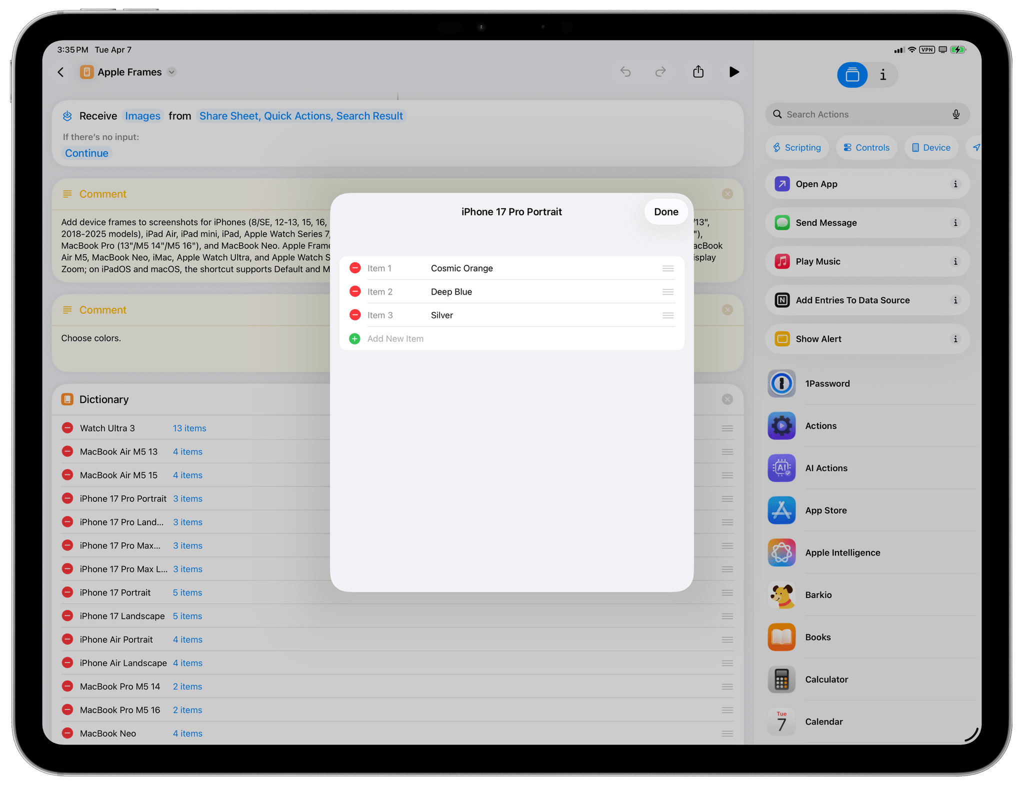 The colors supported for iPhone 17 Pro. The first one in the list will be used as the default color.