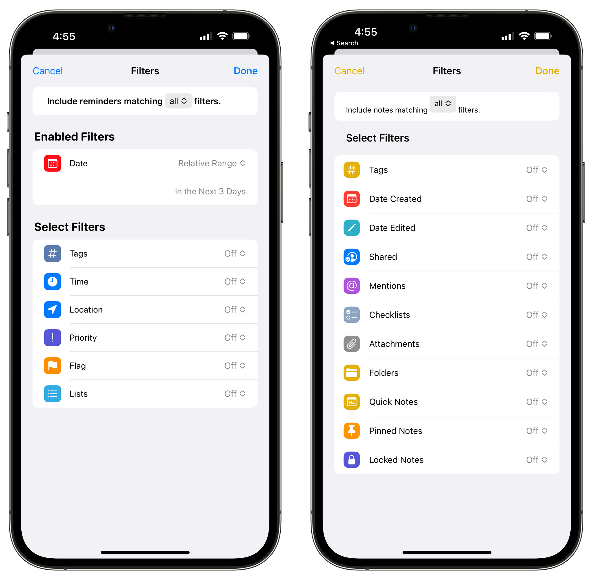 New smart options in Reminders (left) and Notes.