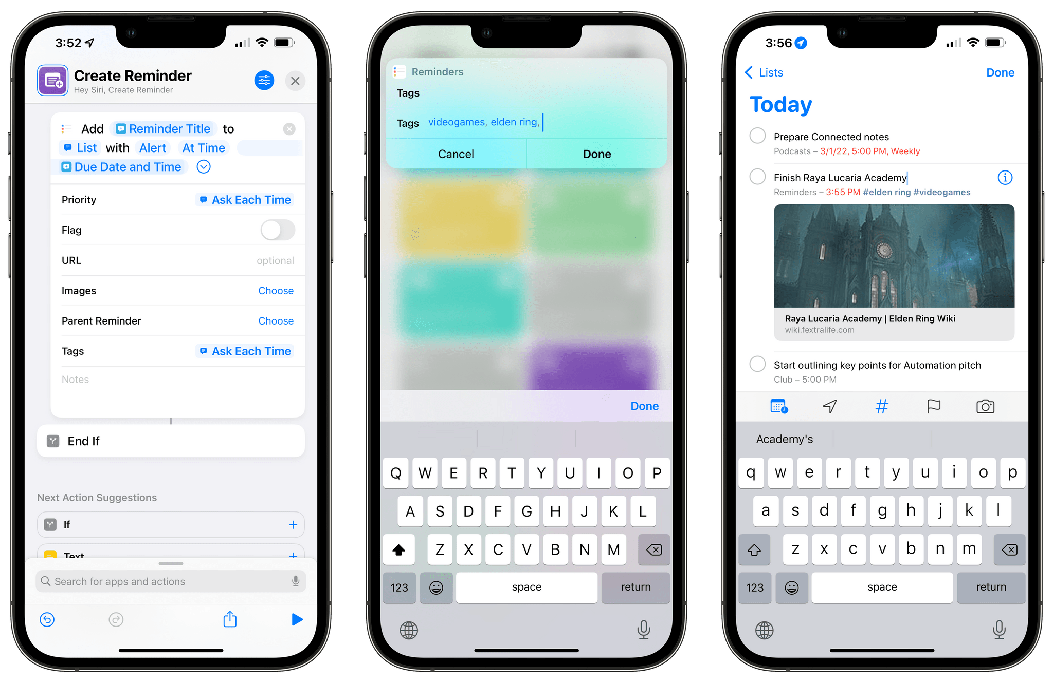 Creating reminders with tags from Shortcuts in iOS 15.4.