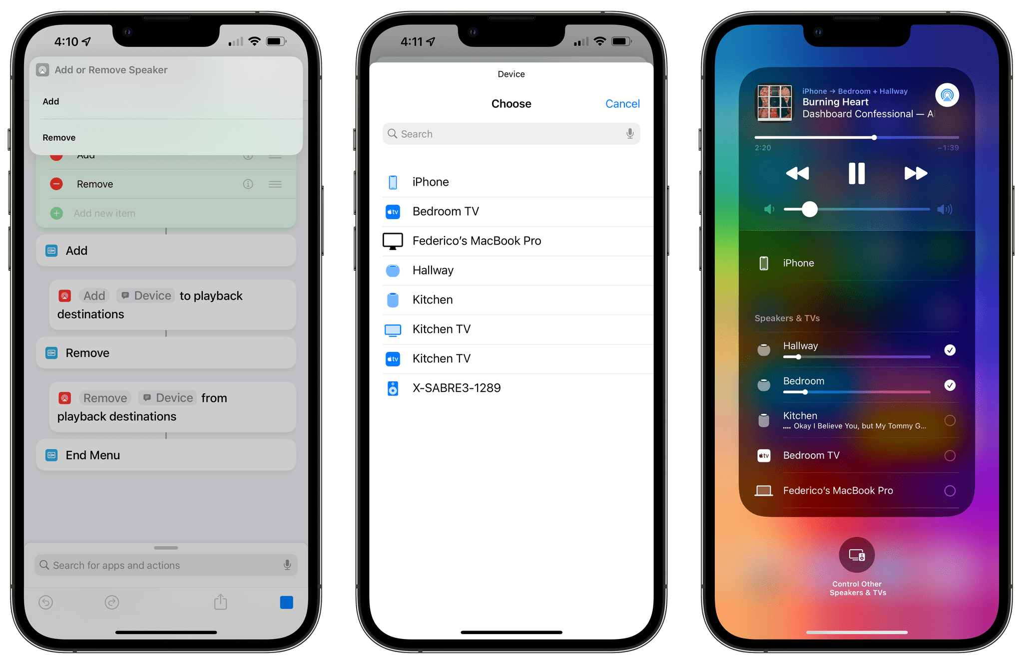 Speakers added from Shortcuts will show up as selected destinations in Control Center.