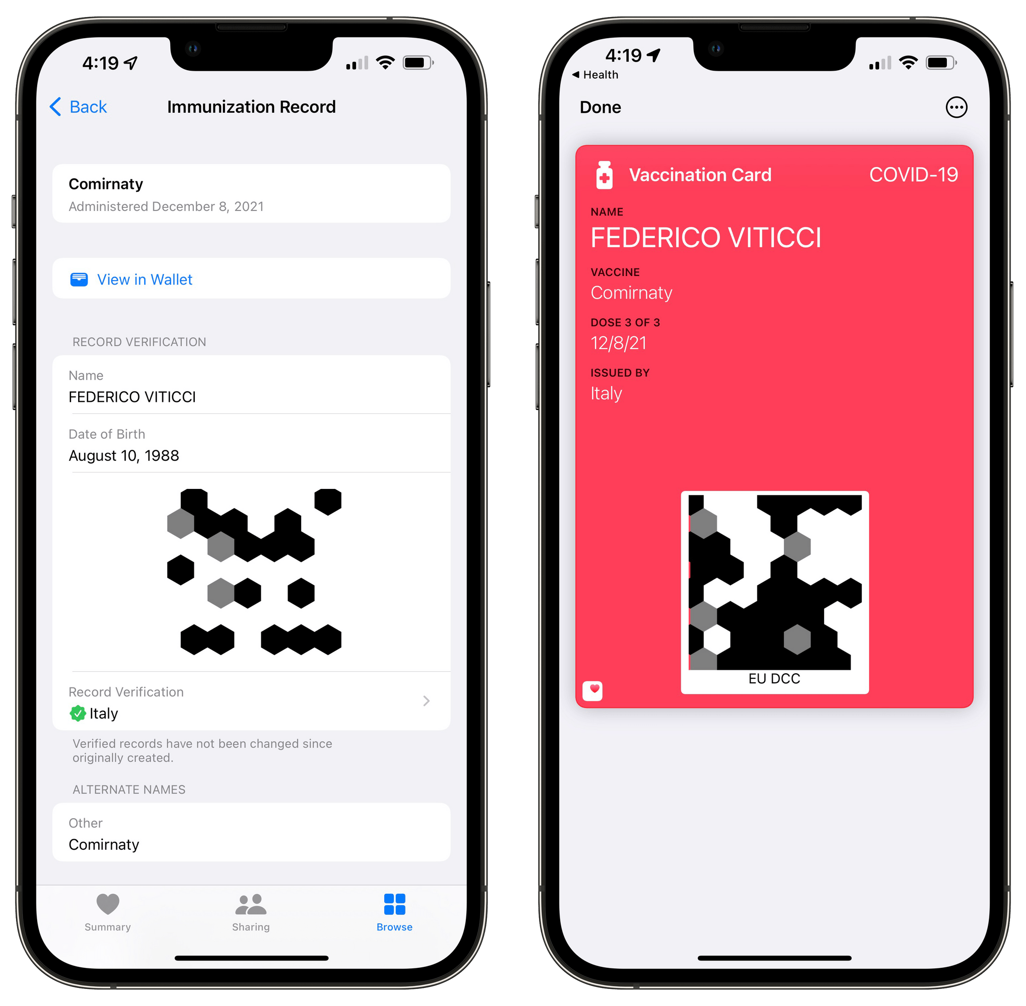 My (obfuscated) digital COVID certificate in Health (left) and Wallet.