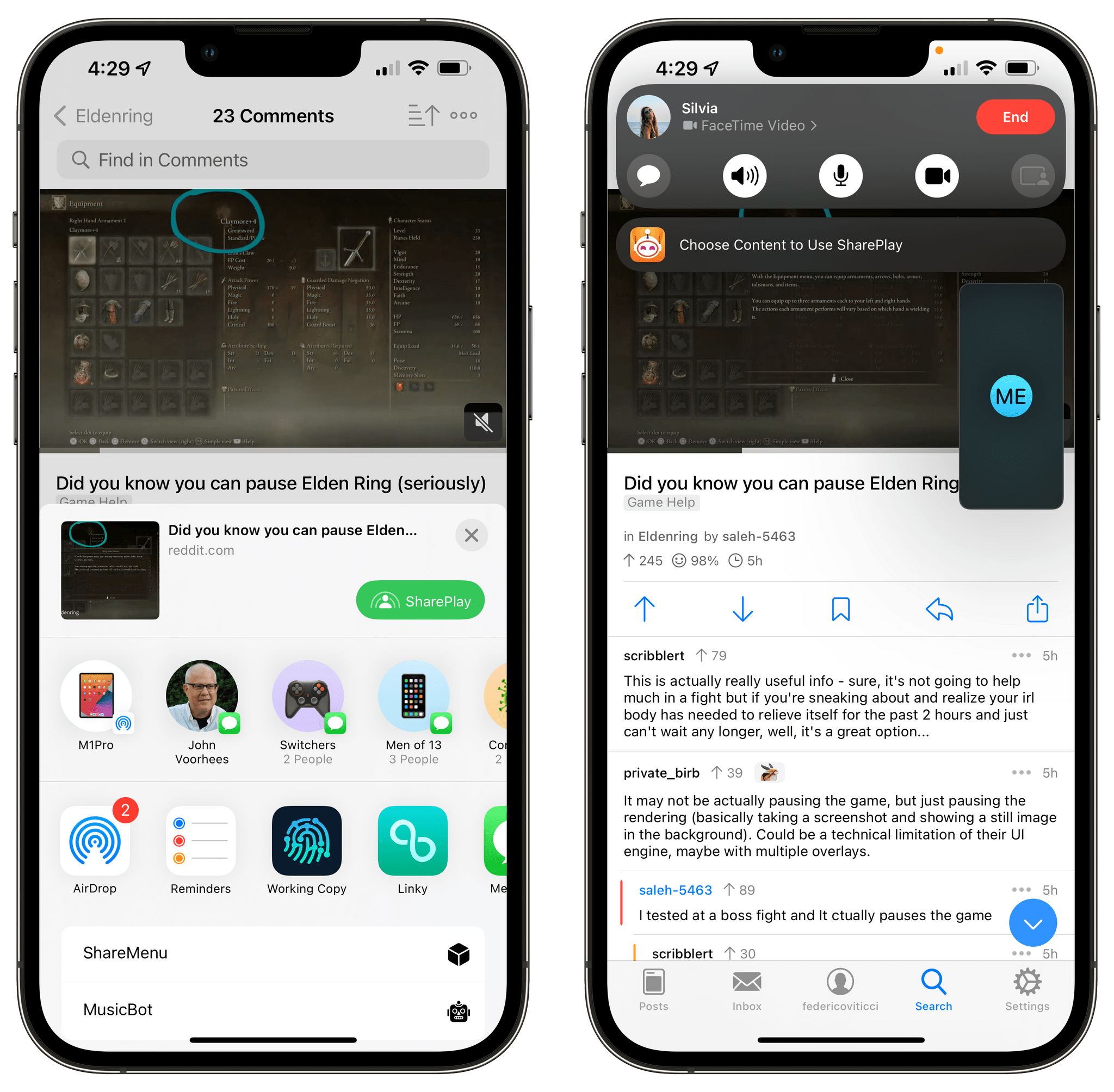 The new SharePlay button in Apollo's share sheet. Alas, Silvia didn't care about my Elden Ring tips.