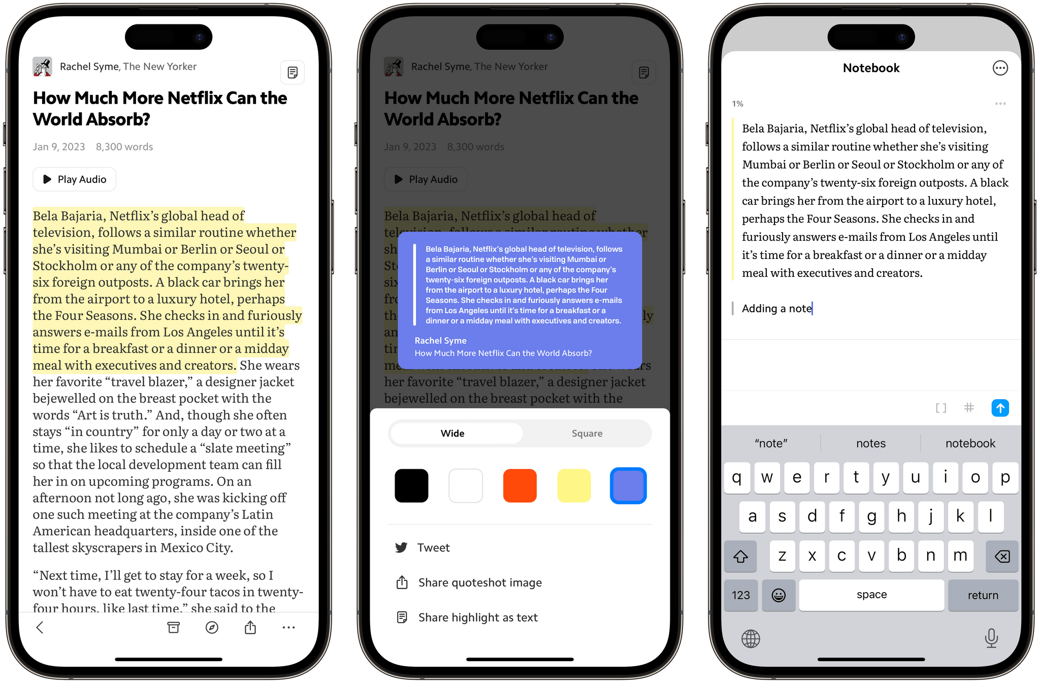 Highlights, sharing a quoteshot, and adding a note to highlights.