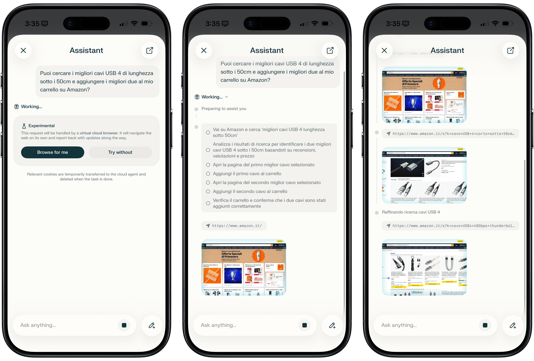 Comet’s assistant browsing the web for me via a cloud browser that has my cookies.