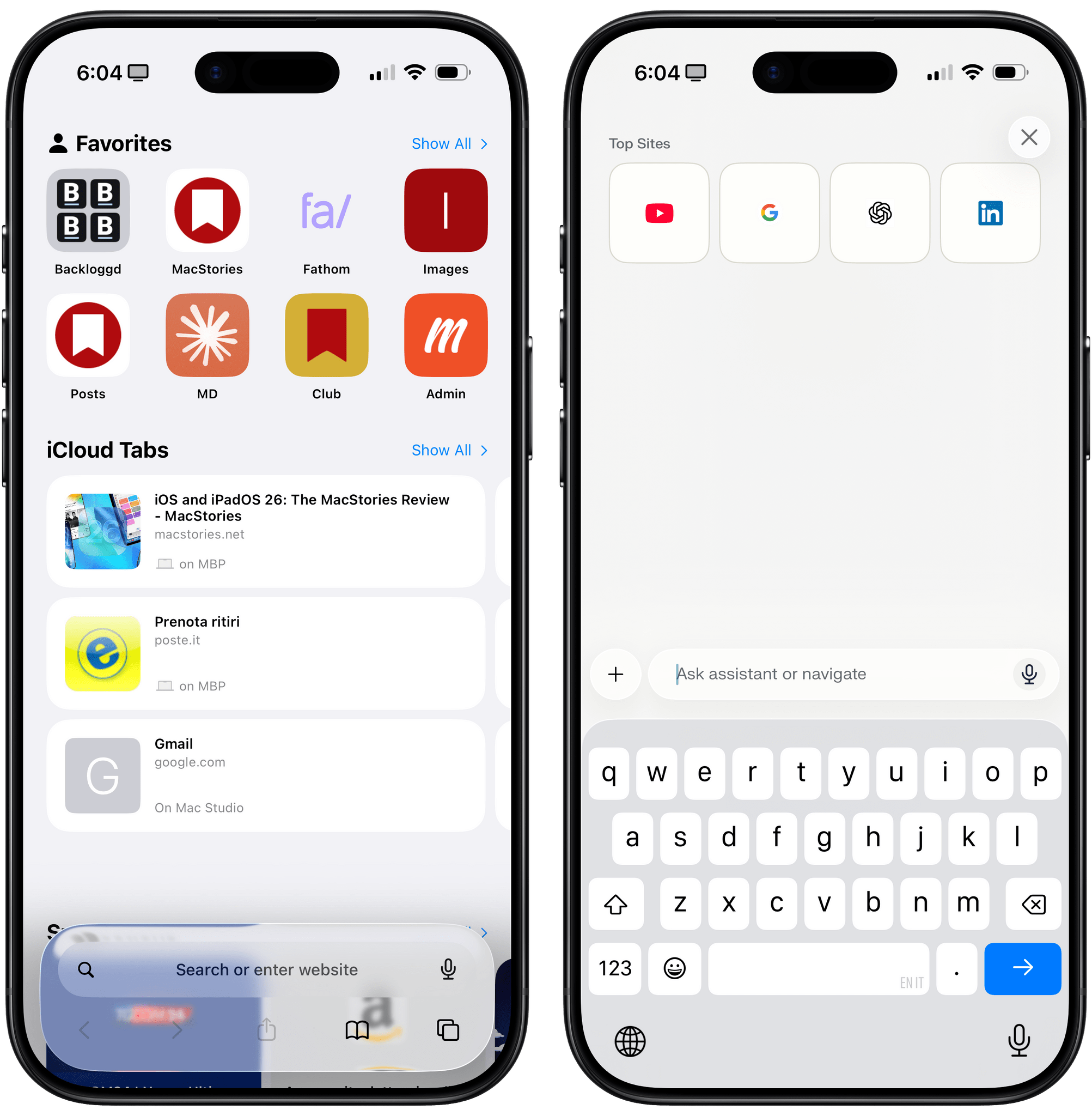 Safari’s new tab page (left) and Comet’s barebones one (right).