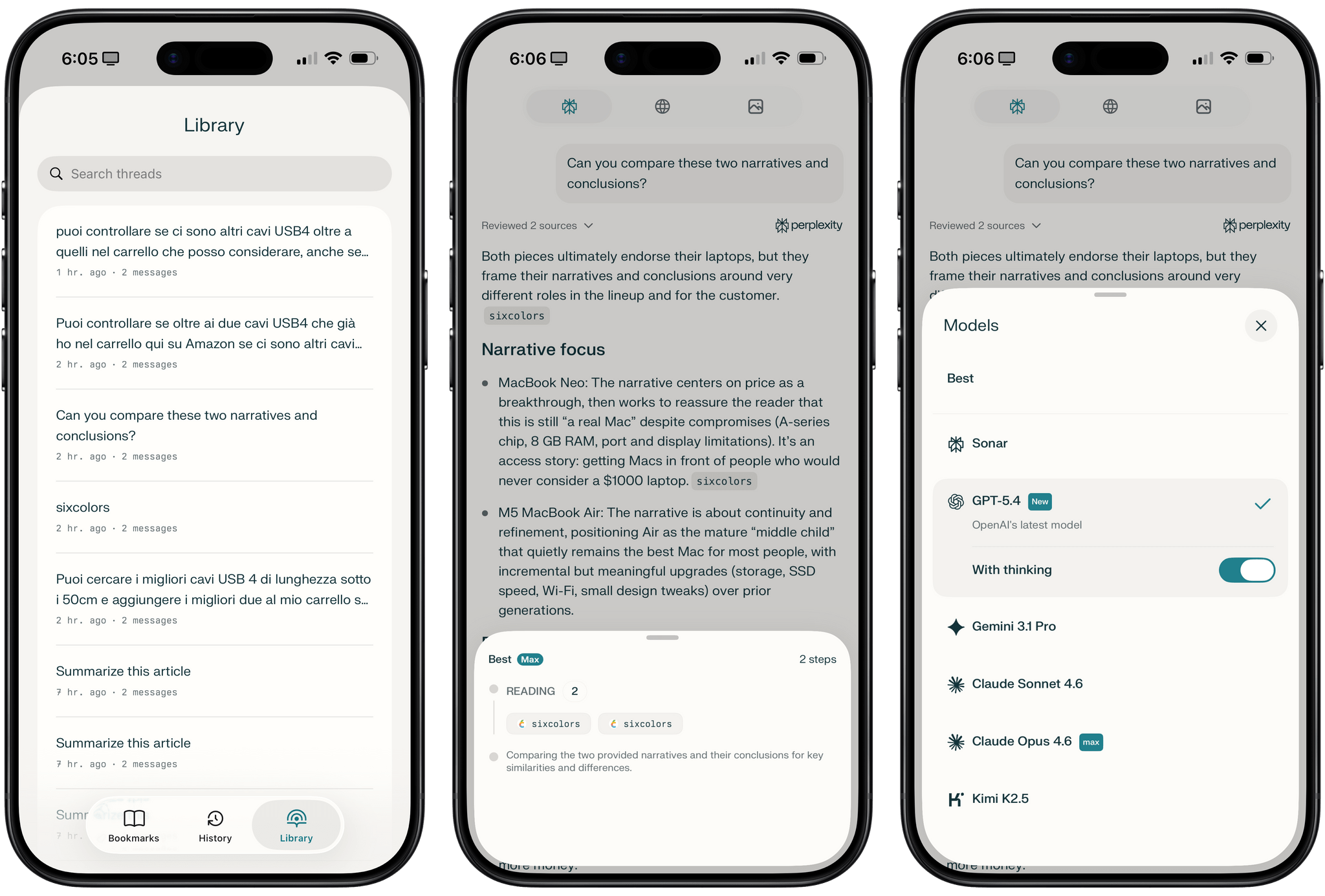 The Library page lets you pick up any previous assistant conversation, where you can always choose which model you want to use.