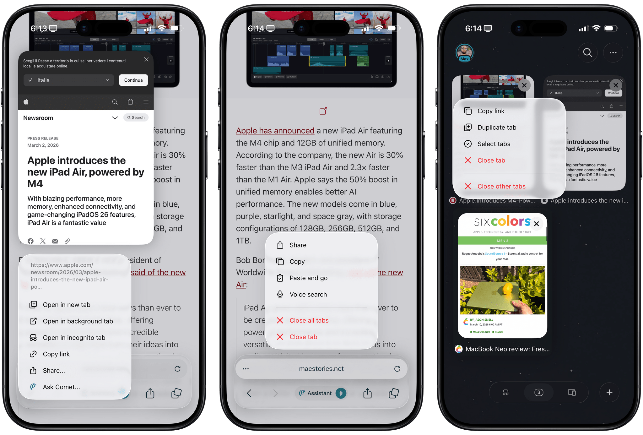 Some of Comet’s long-press gestures and context menus.