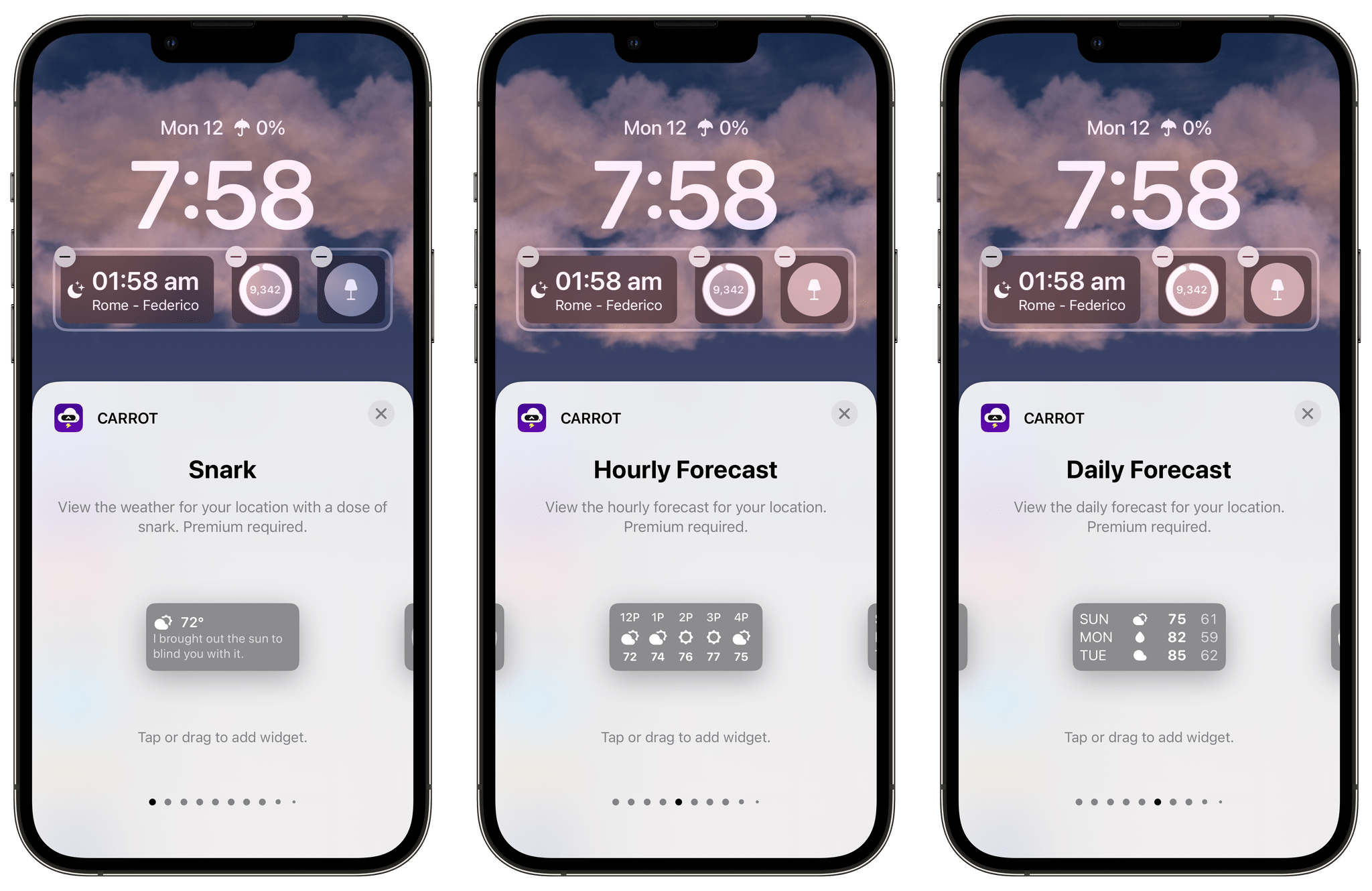 Examples of CARROT Weather's rectangular Lock Screen widgets.
