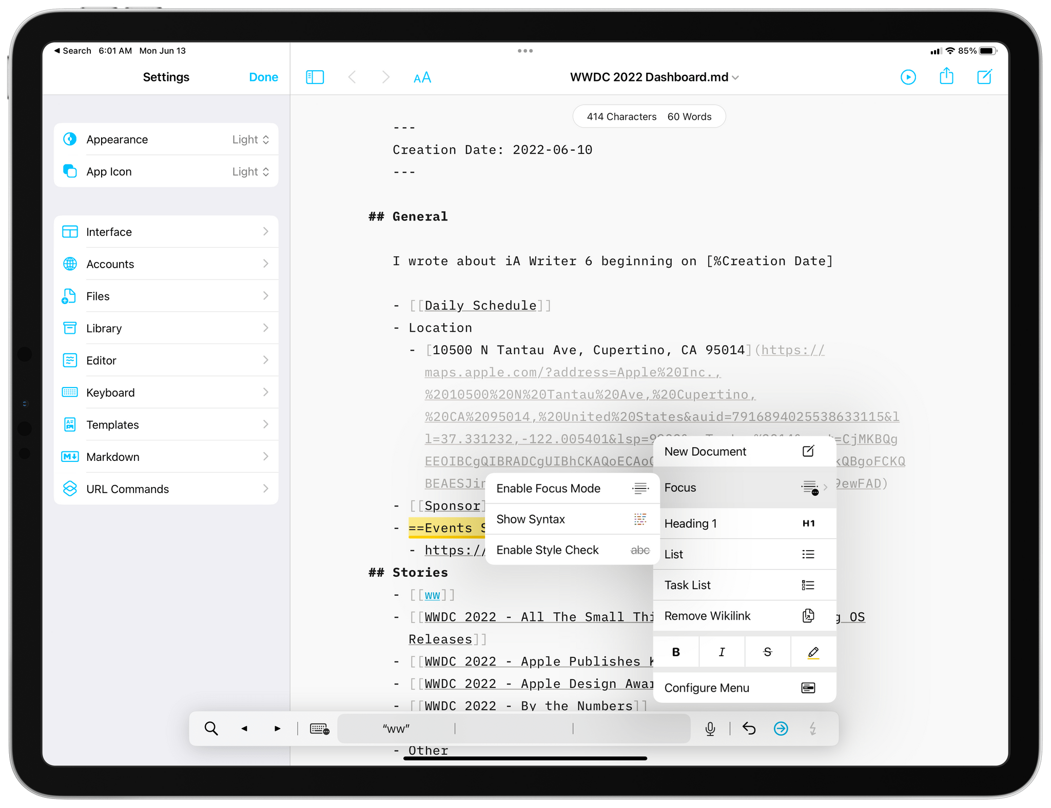 iA Writer 6 offers quick access to common formatting controls.