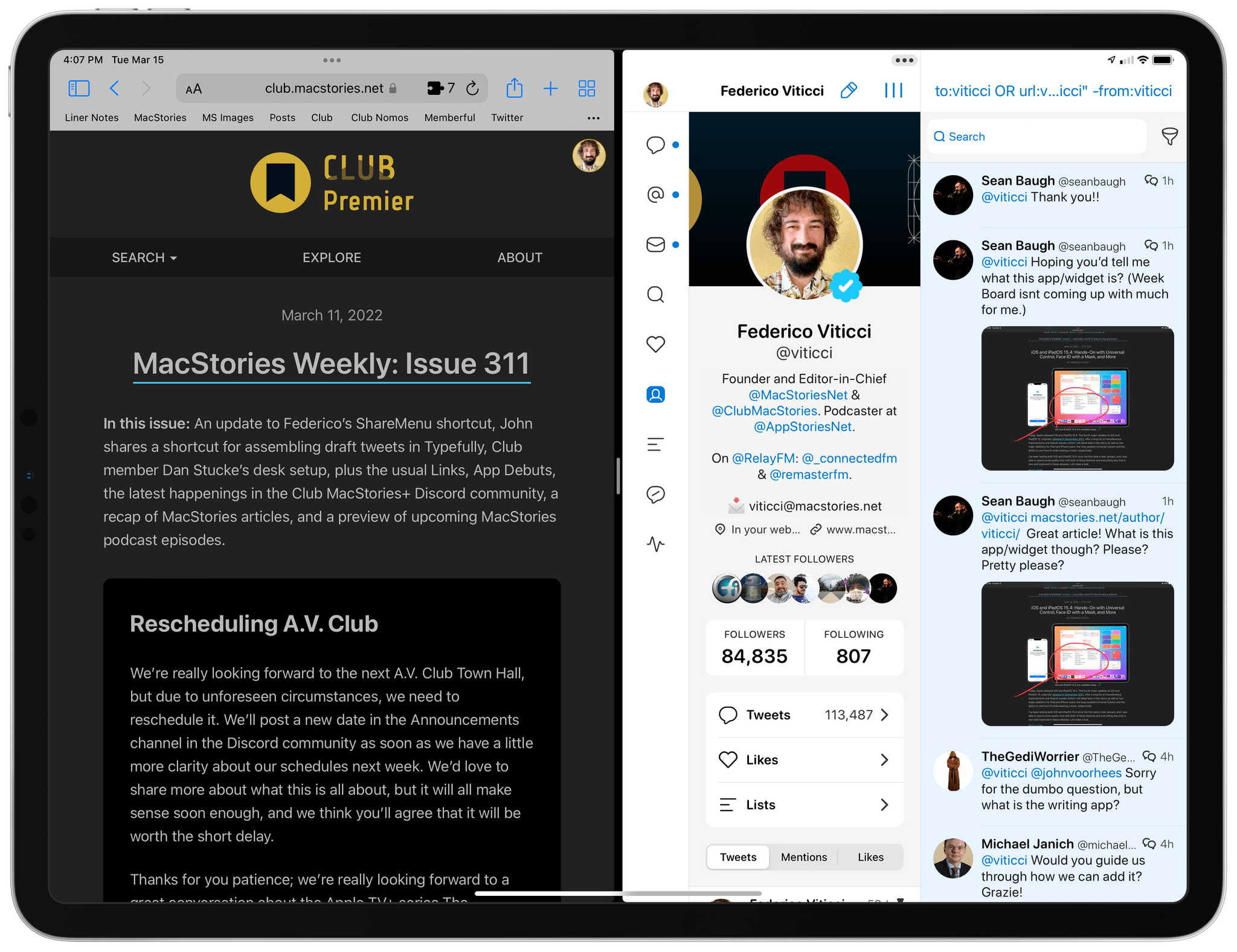The same Split View on iPad Pro. Note the extra text in Safari and the dual-column layout supported by Tweetbot's regular size class.
