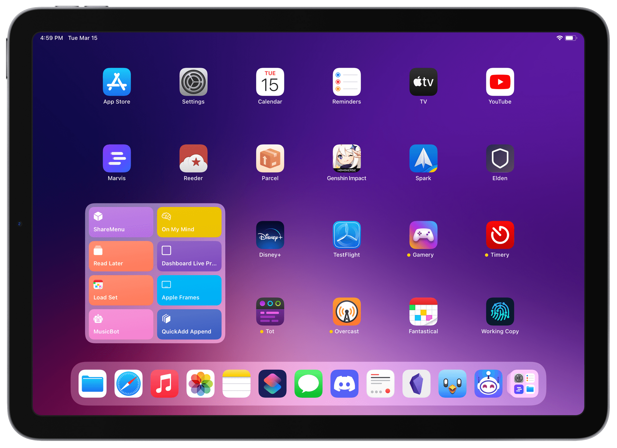 The Home Screen of the iPad Air. I didn't really have time to set it up for a proper widget layout.