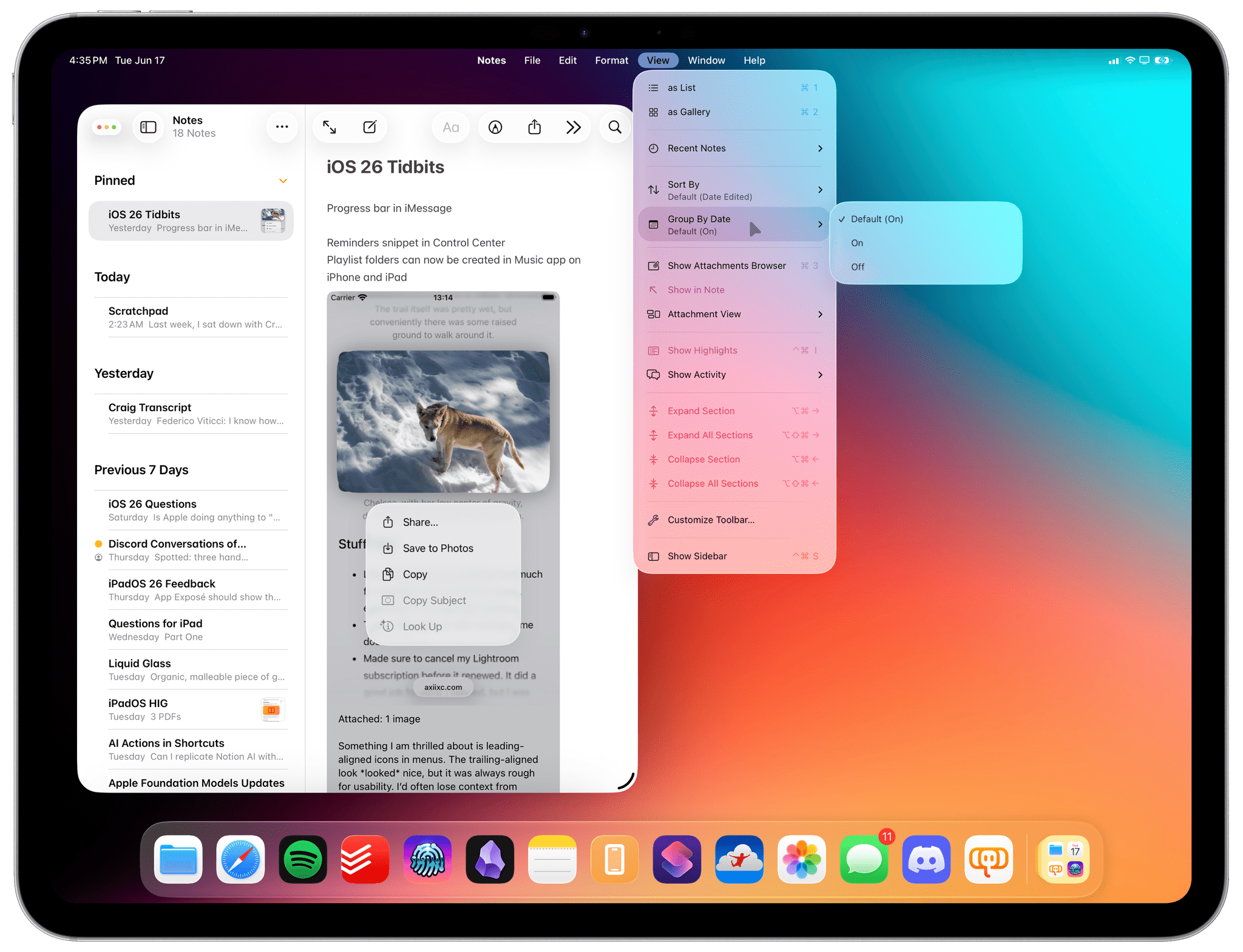The menu bar in the developer beta of iPadOS 26. All of these commands are accessible elsewhere too, but now, they're also grouped in a traditional menu bar.