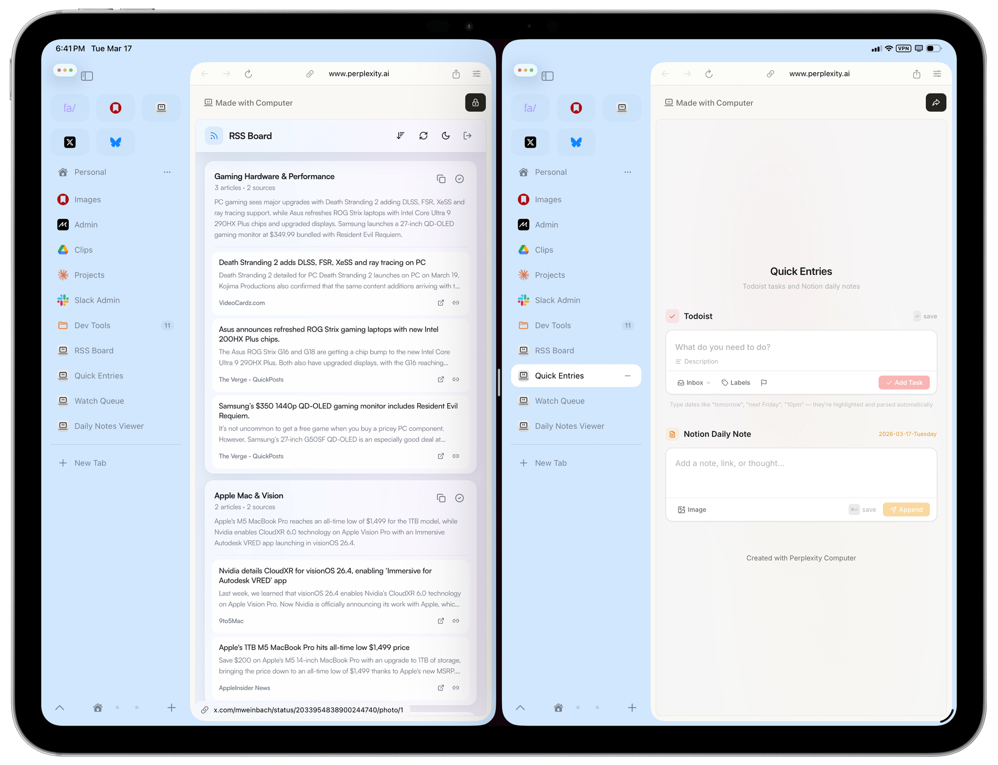 Two apps I created with Perplexity Computer, running in two separate Beam windows.