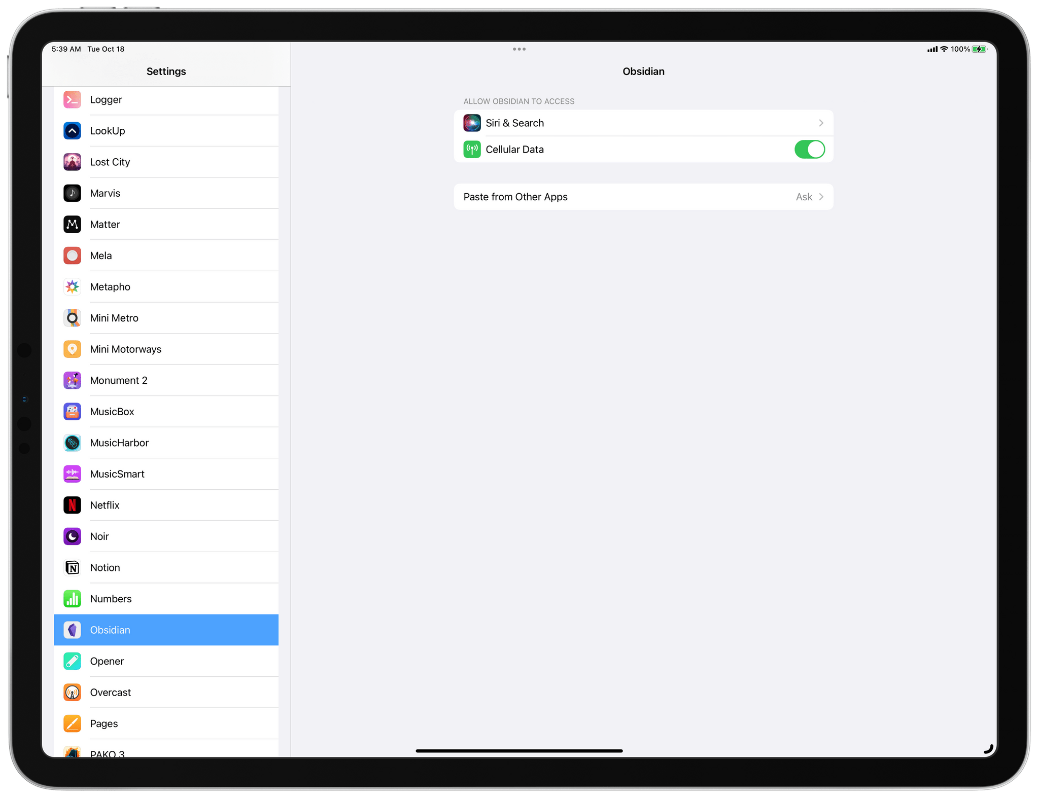 After asking for permission to paste from another app at least once, a new setting appears in an app's Settings entry.