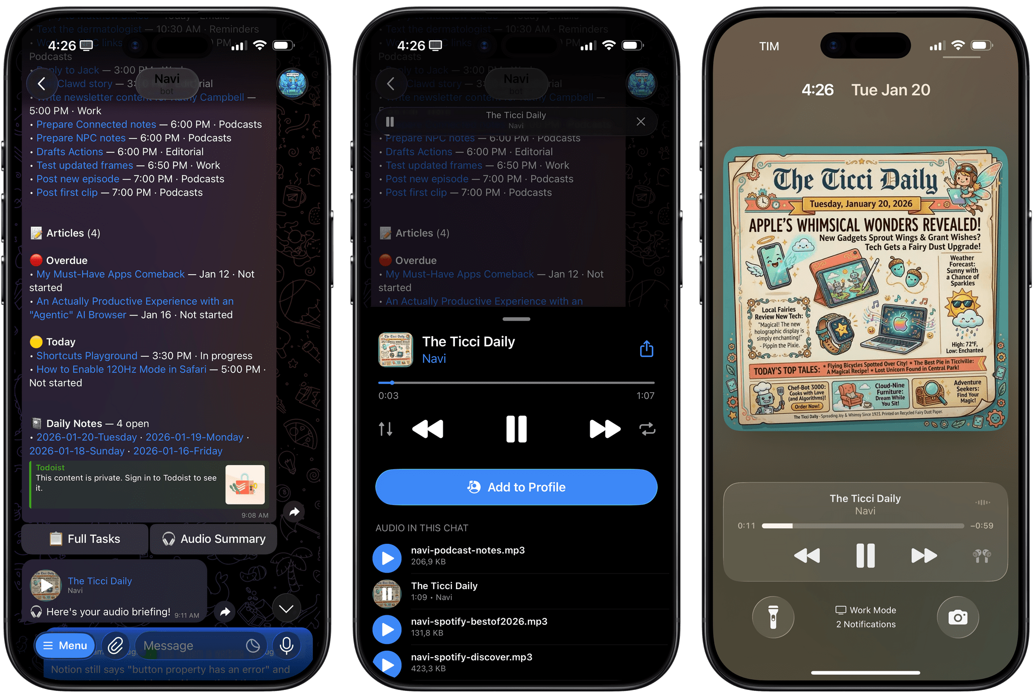 Every morning, Clawdbot sends me a daily report based on my calendar, Notion, Todoist, and more. It also sends me an audio version of the report that features silly artwork created by Nano Banana each day.
