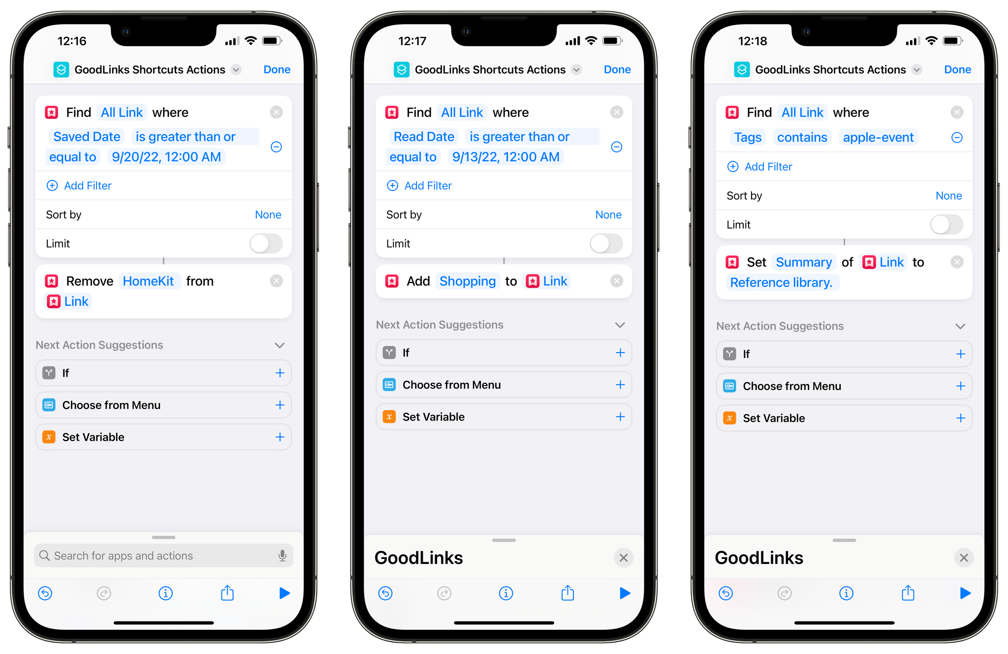Some of GoodLinks' other new Shortcuts actions.