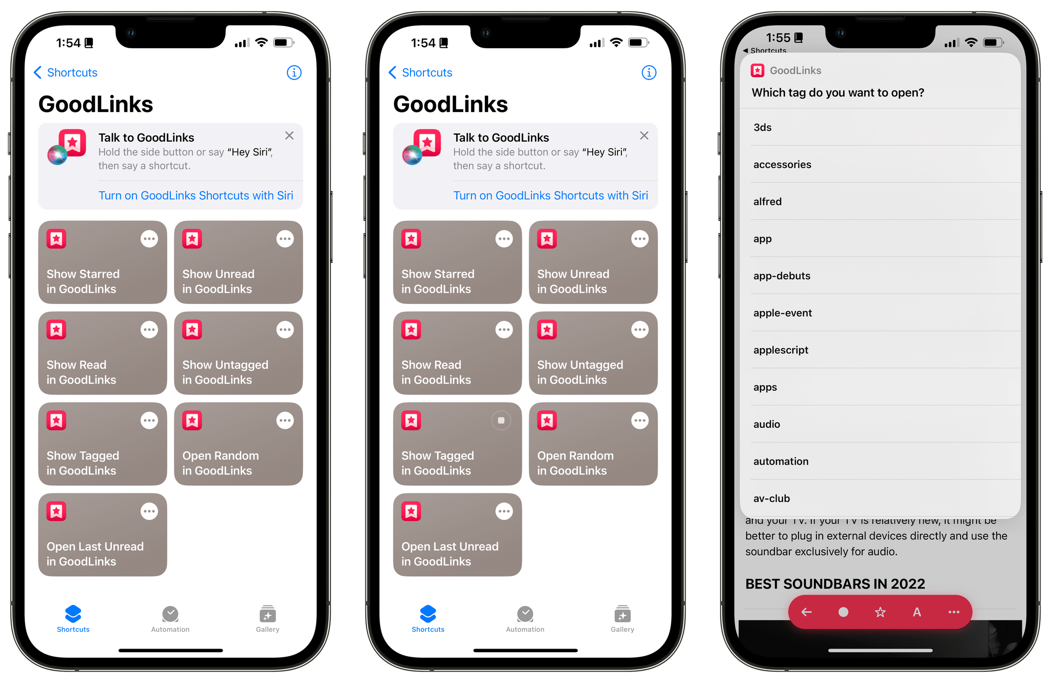 Running a GoodLinks App Shortcut that lets you choose among tagged links.