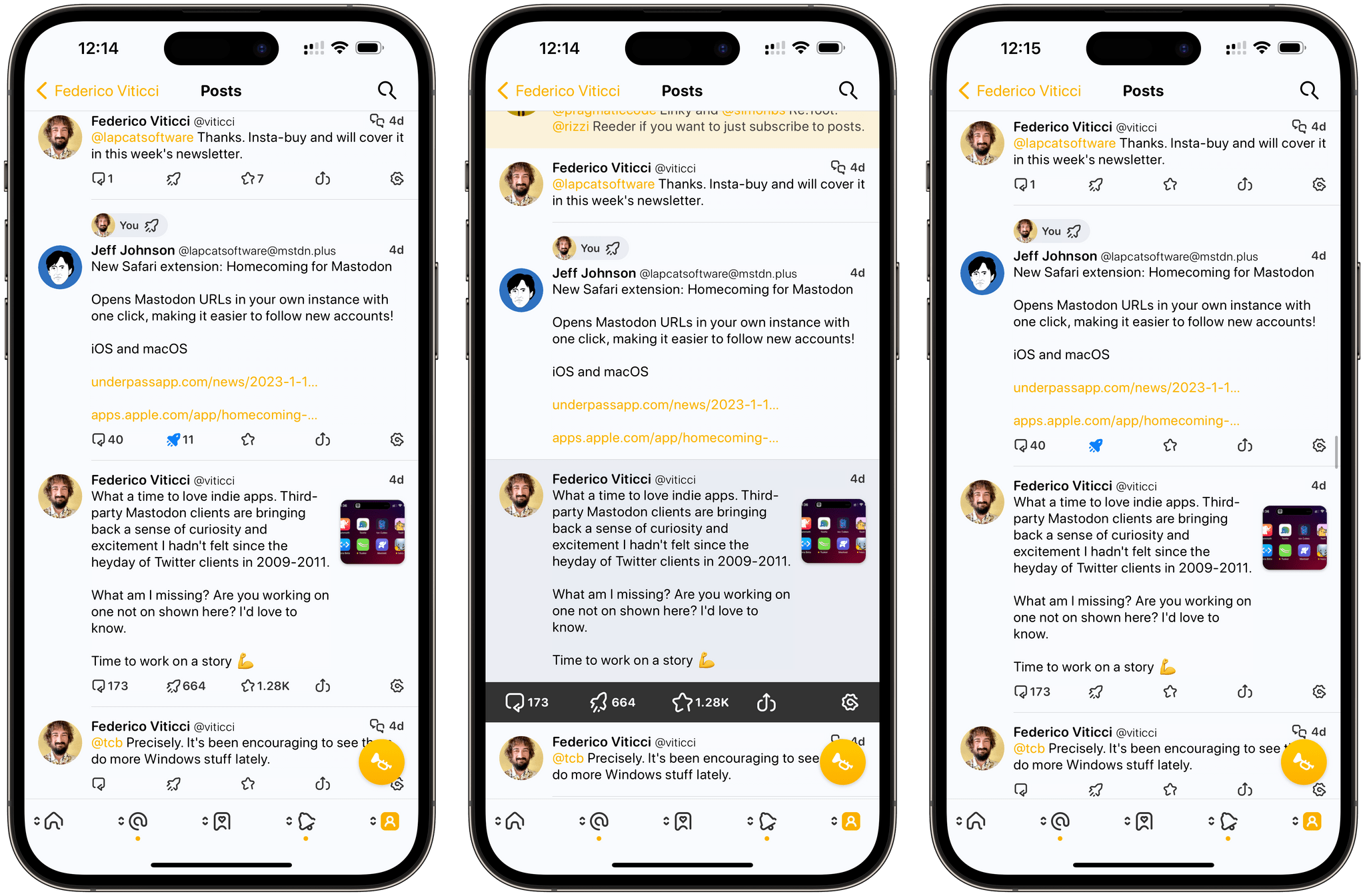 Ivory lets you choose whether you want to see buttons to interact with posts in an action drawer on tap (center) or as inline buttons (left and right). You can also choose to hide counts for favorites and boosts (right). Personally, I still prefer the action drawer.