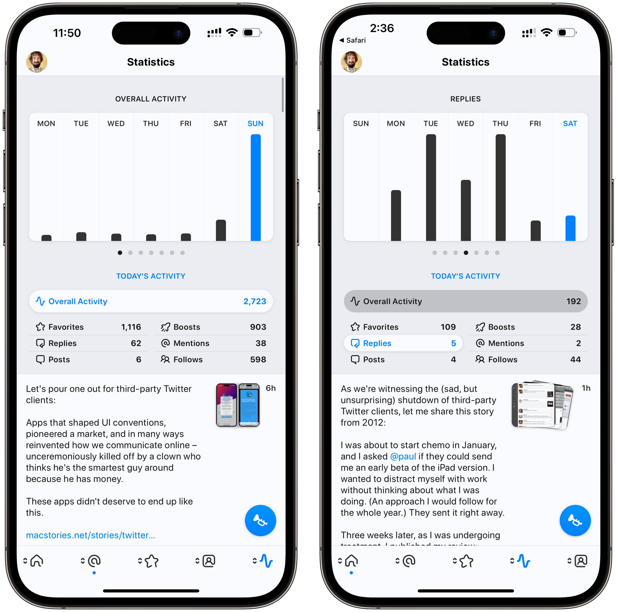 Another delightful detail: in the Statistics page, the charts animate as you open them and the selected data type is highlighted as you swipe horizontally to switch between chart views.